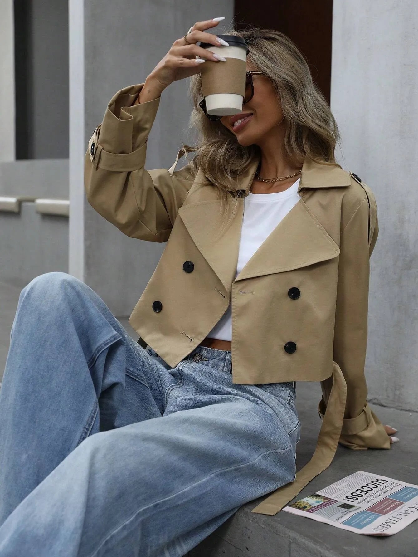Cropped Belted Trench Jacket