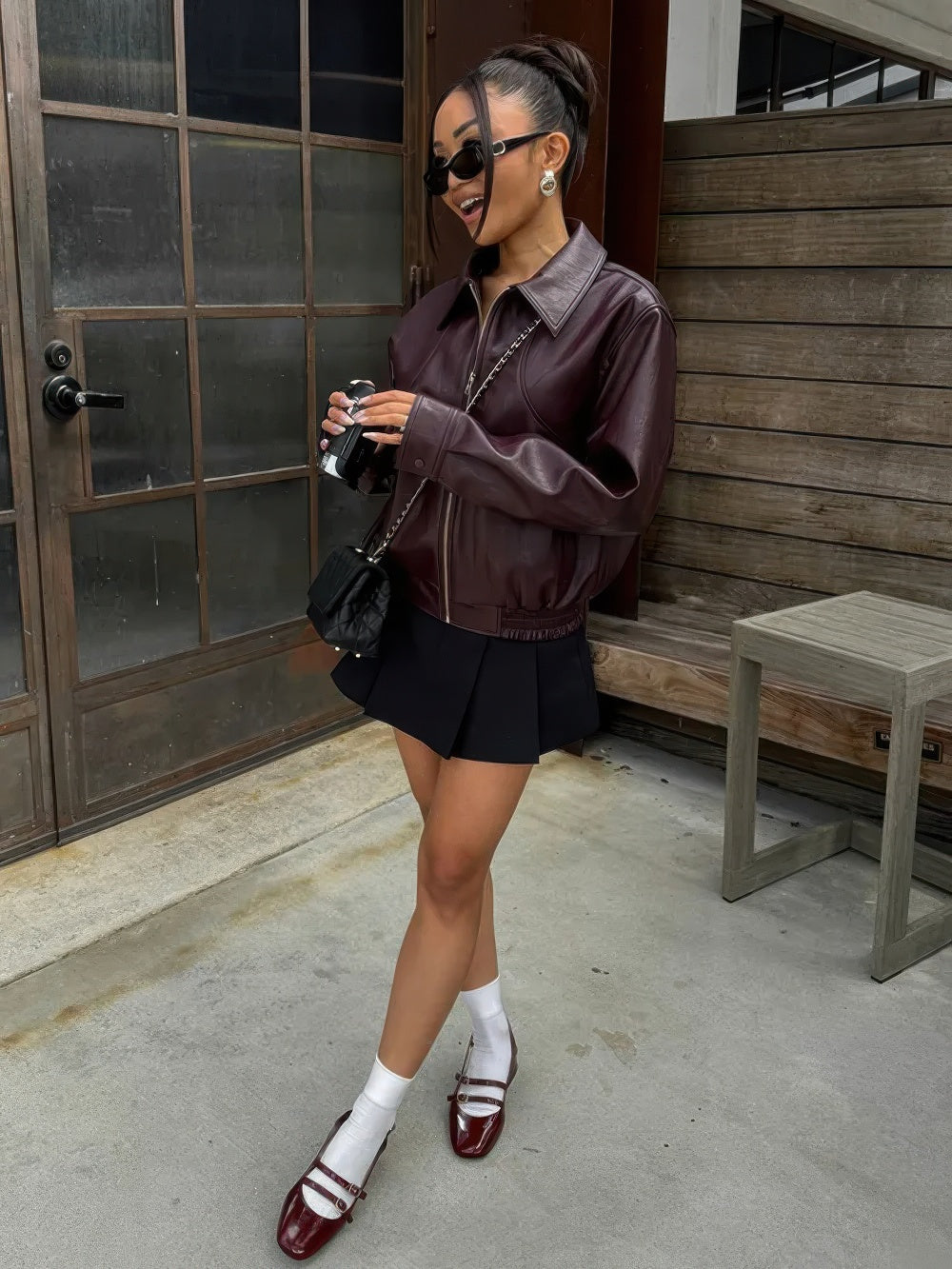 Glossy Leather Bomber Jacket