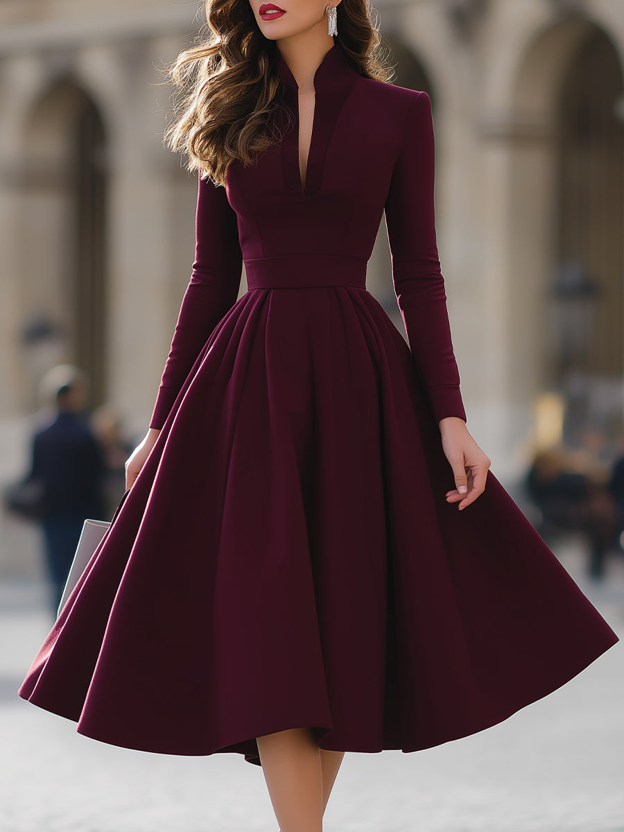 V-Neck Pleated Skirt Midi Dress