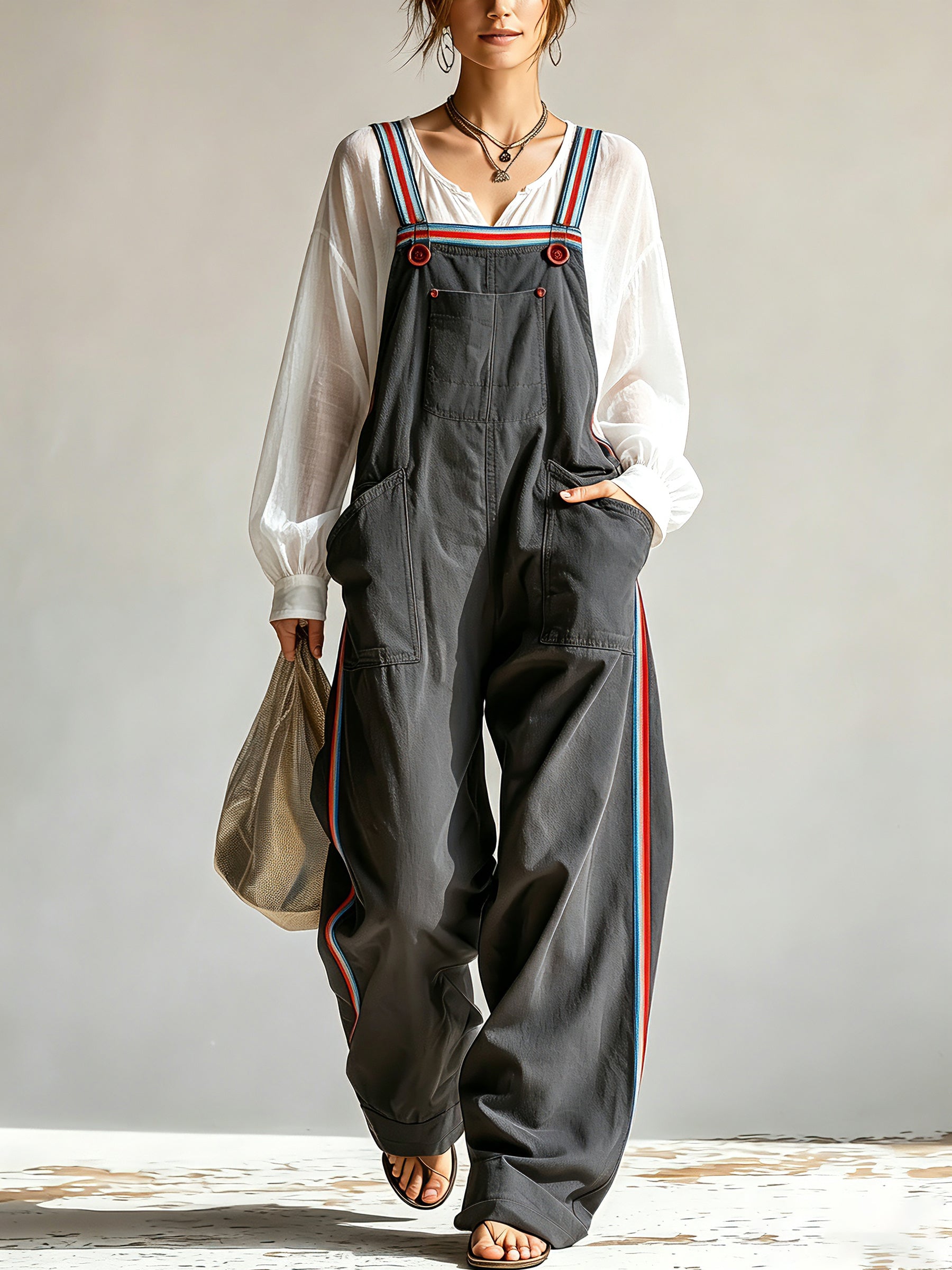 Contrast Strap Wide-Leg Cargo Jumpsuit