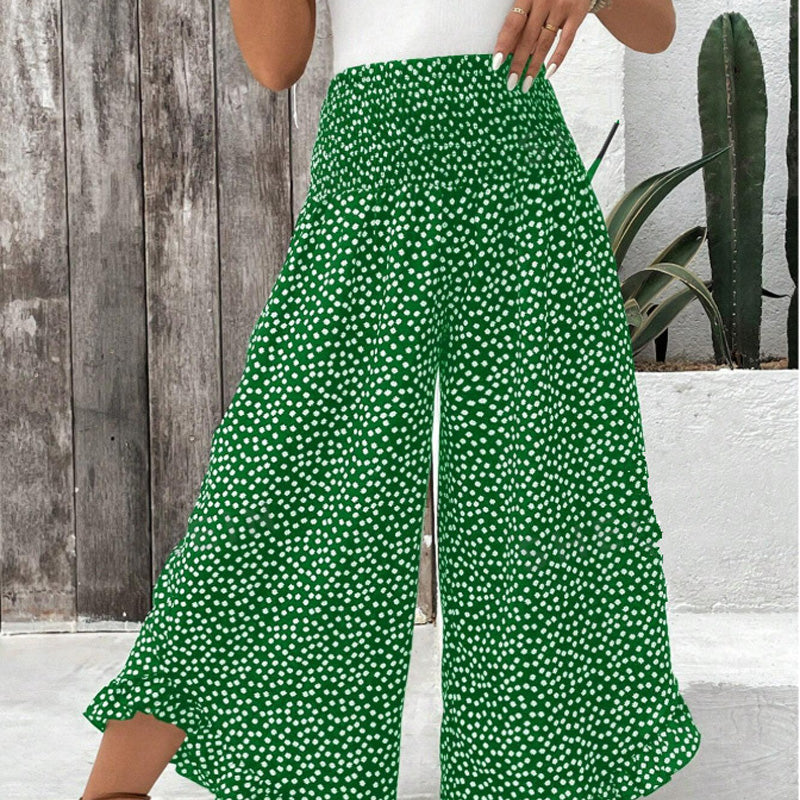 Printed High-Waisted Ruffle Wide-Leg Pants