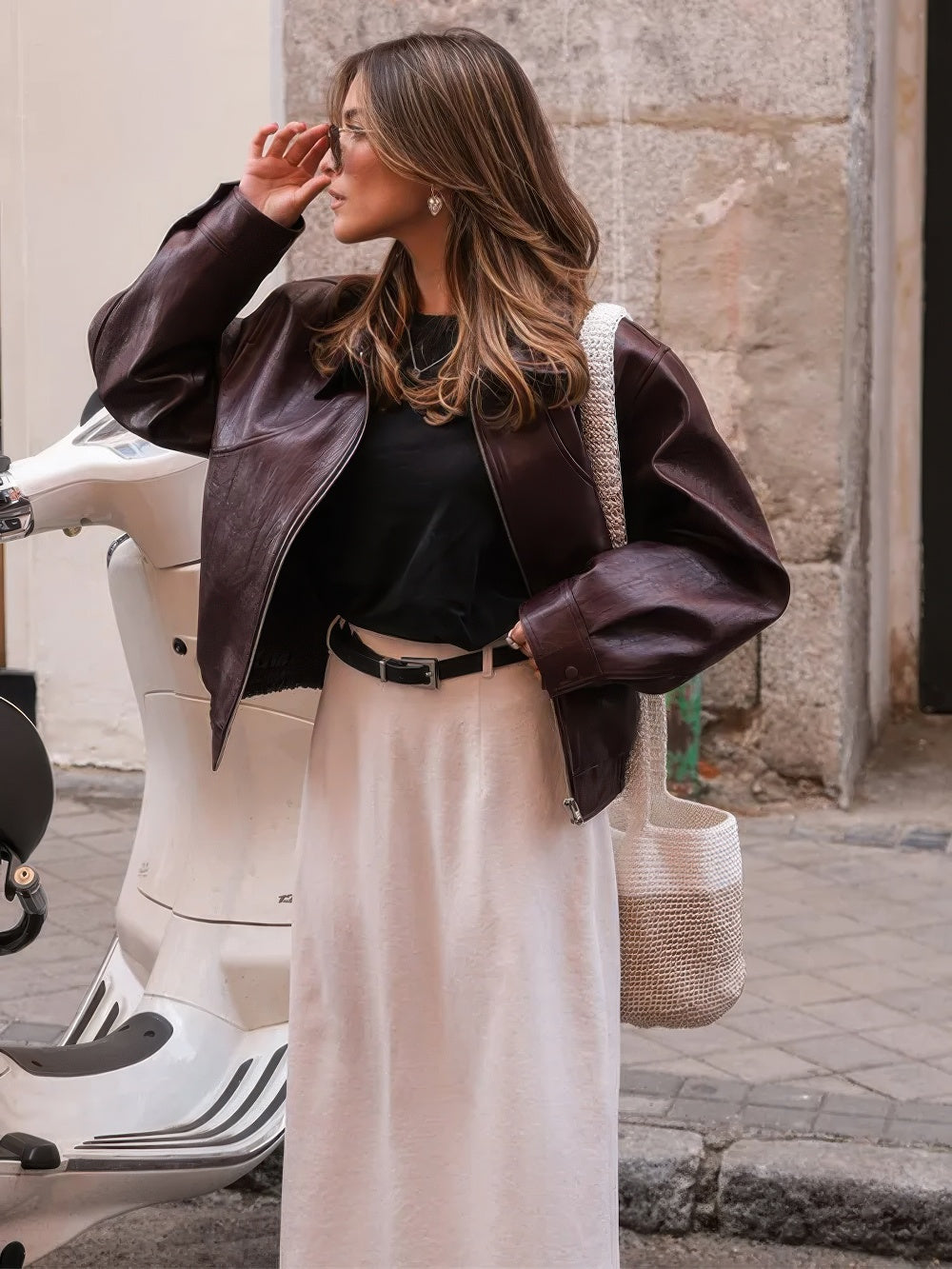 Glossy Leather Bomber Jacket