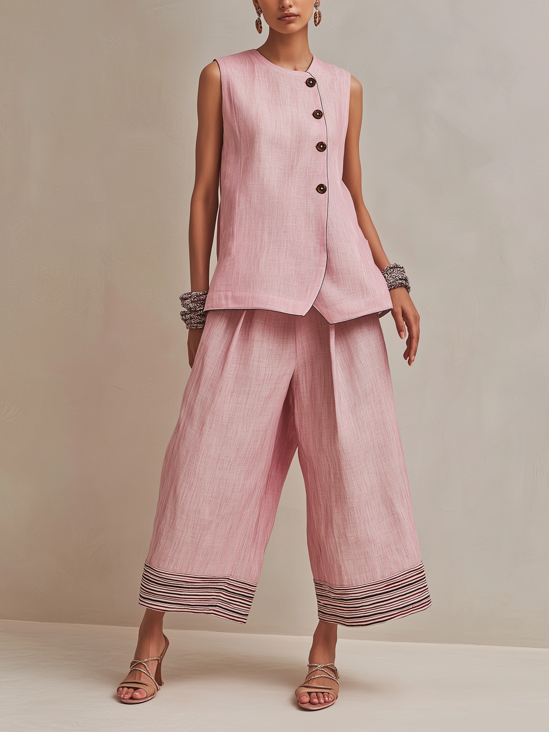 Button Vest and Striped Culotte Set