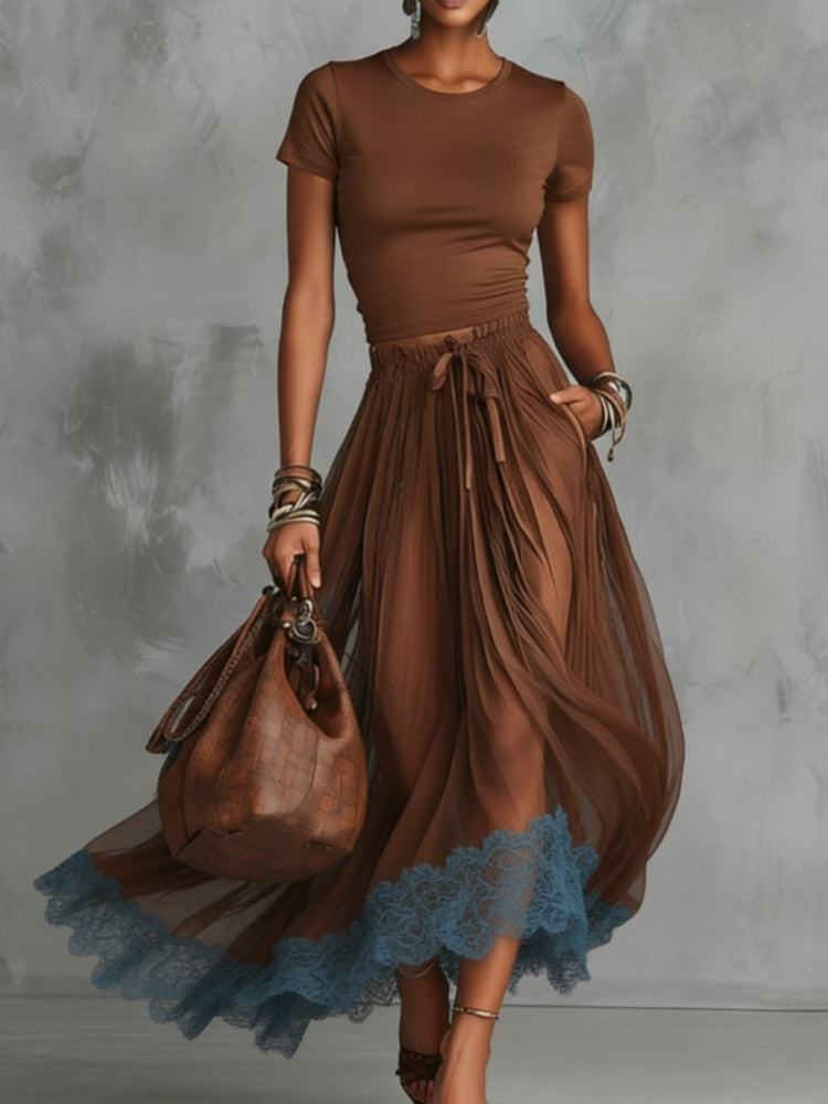Brown-Blue Lace Tulle Skirt Set
