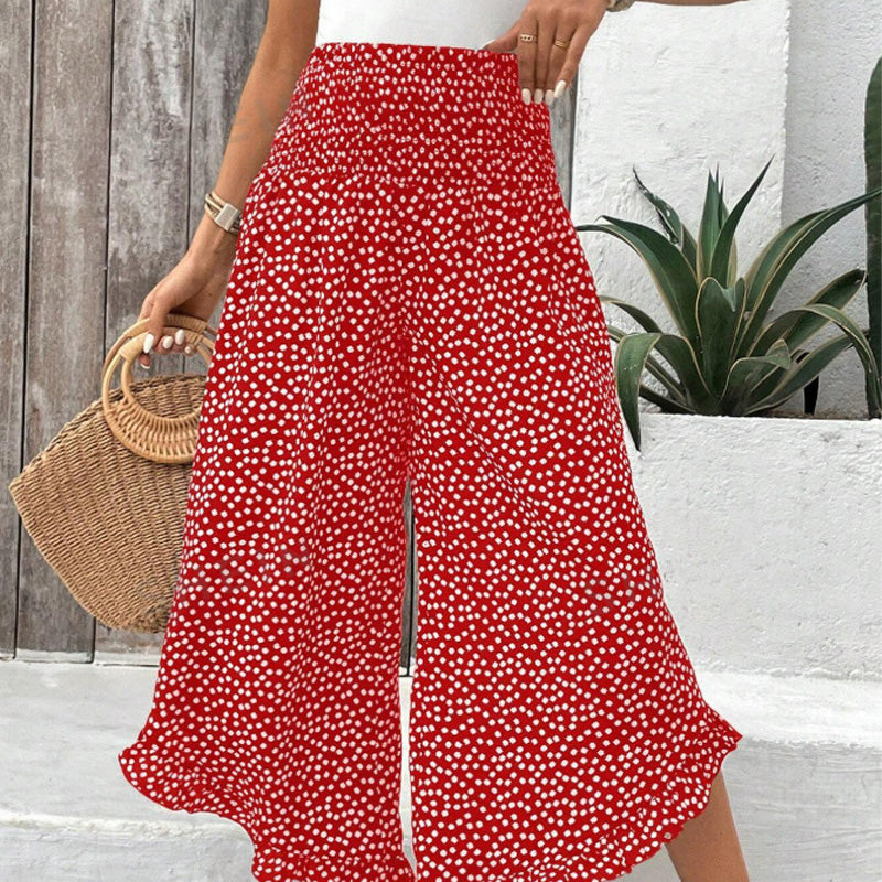 Printed High-Waisted Ruffle Wide-Leg Pants
