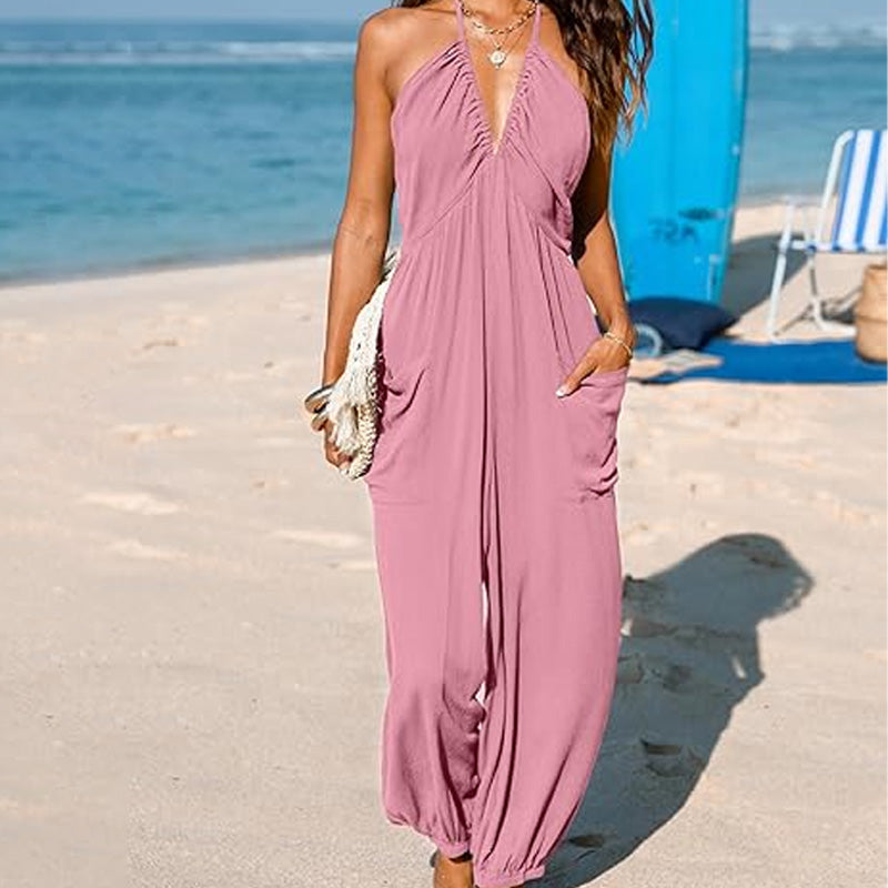 V-Neck Backless Wide-Leg Jumpsuit