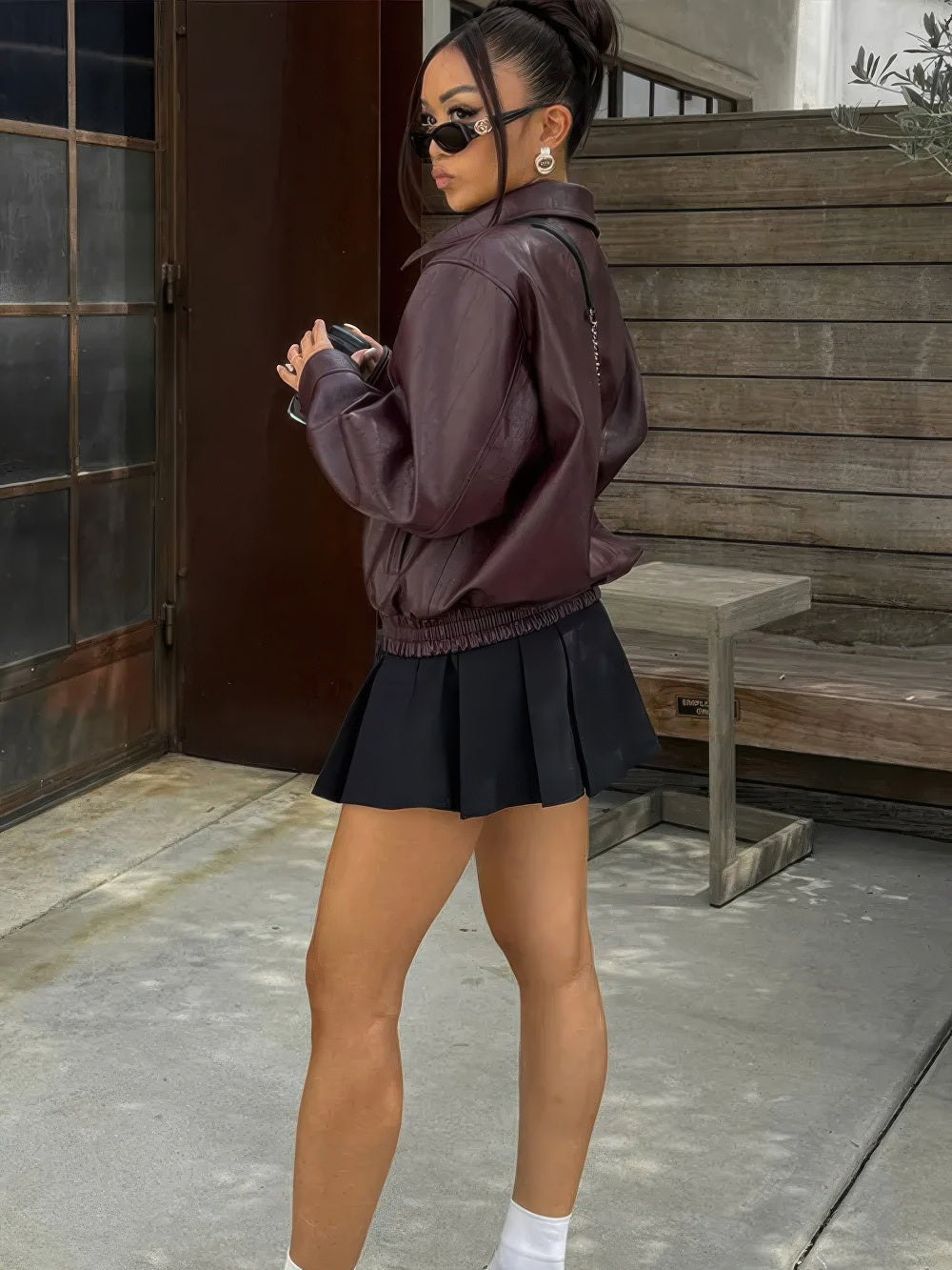 Glossy Leather Bomber Jacket