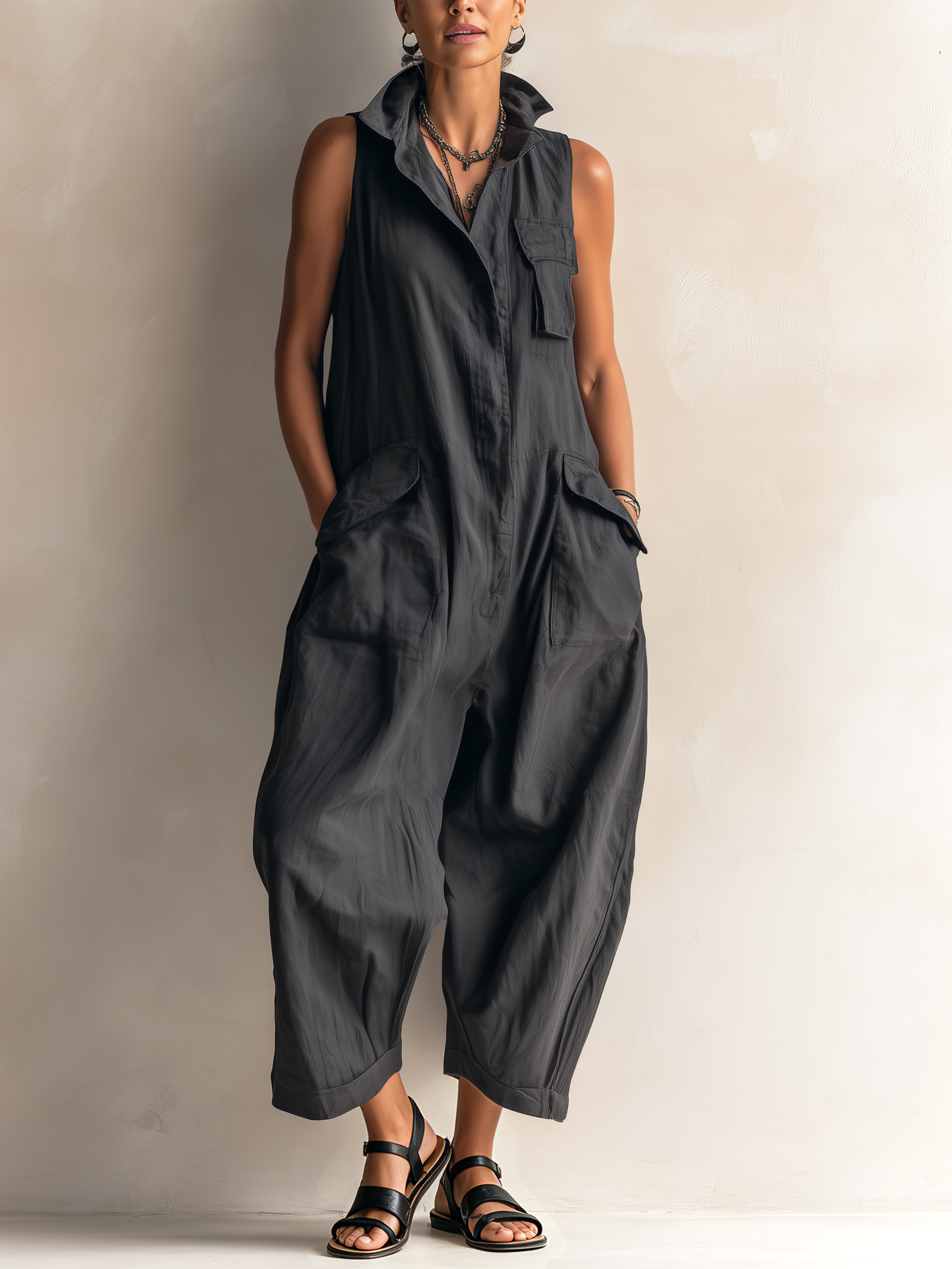 Black Sleeveless Utility Wide-Leg Jumpsuit