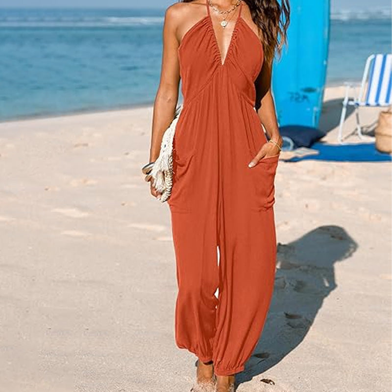 V-Neck Backless Wide-Leg Jumpsuit
