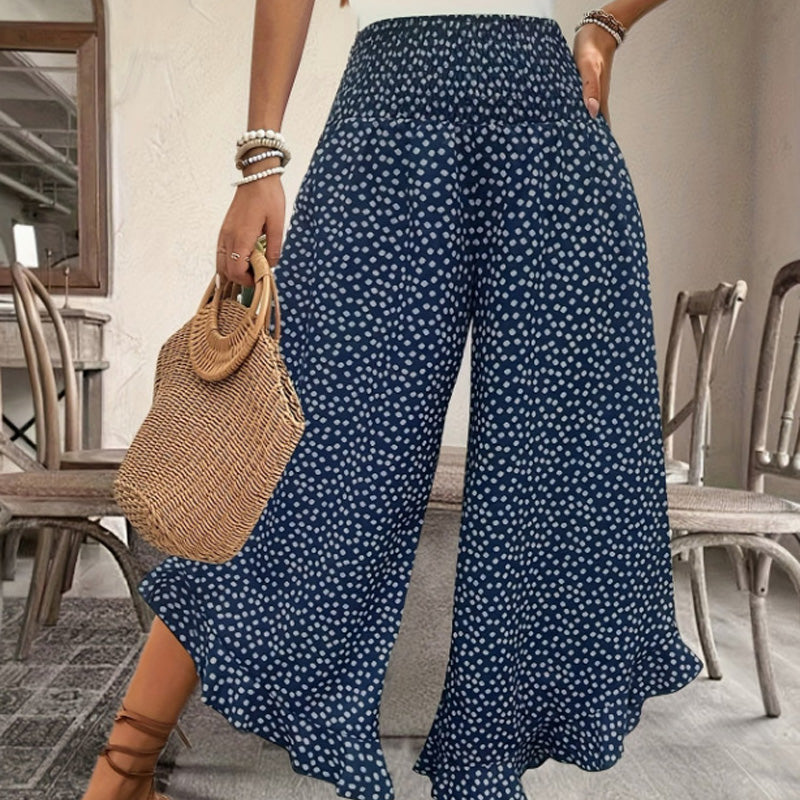 Printed High-Waisted Ruffle Wide-Leg Pants