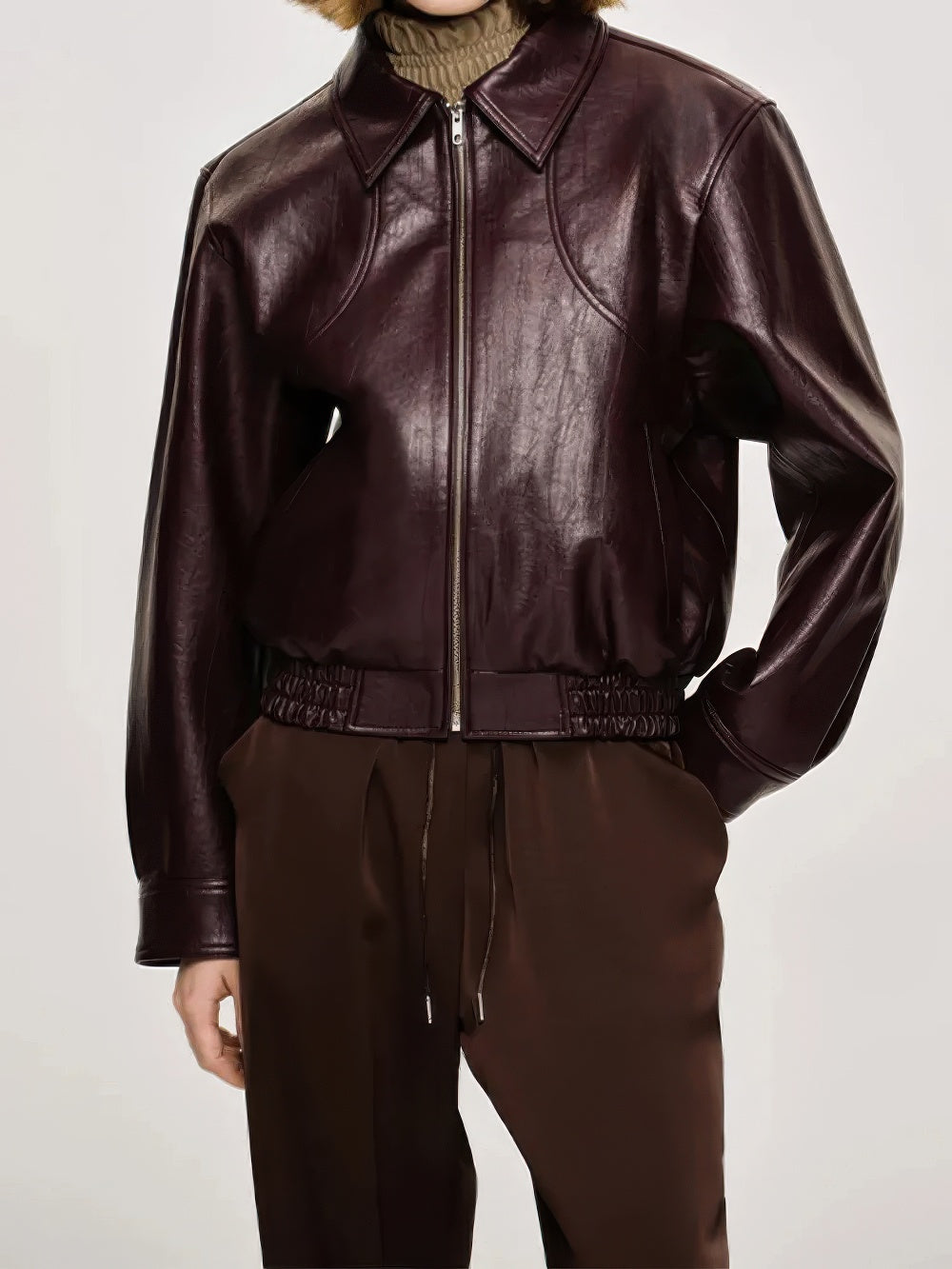 Glossy Leather Bomber Jacket
