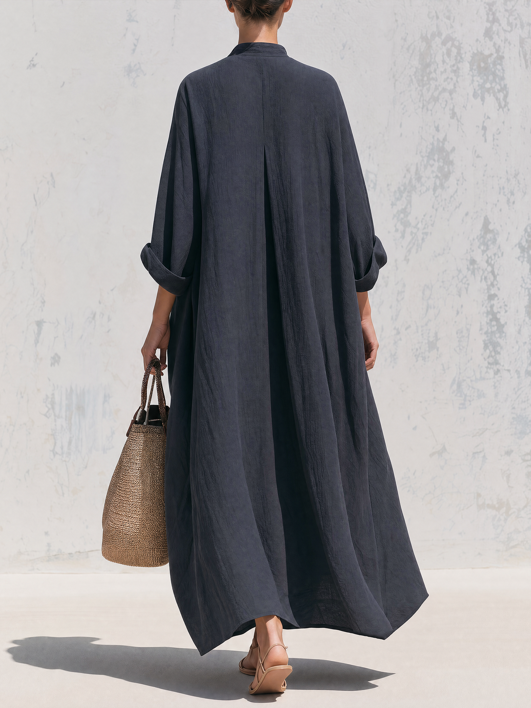 Stand Collar Linen Maxi Dress with Side Pockets