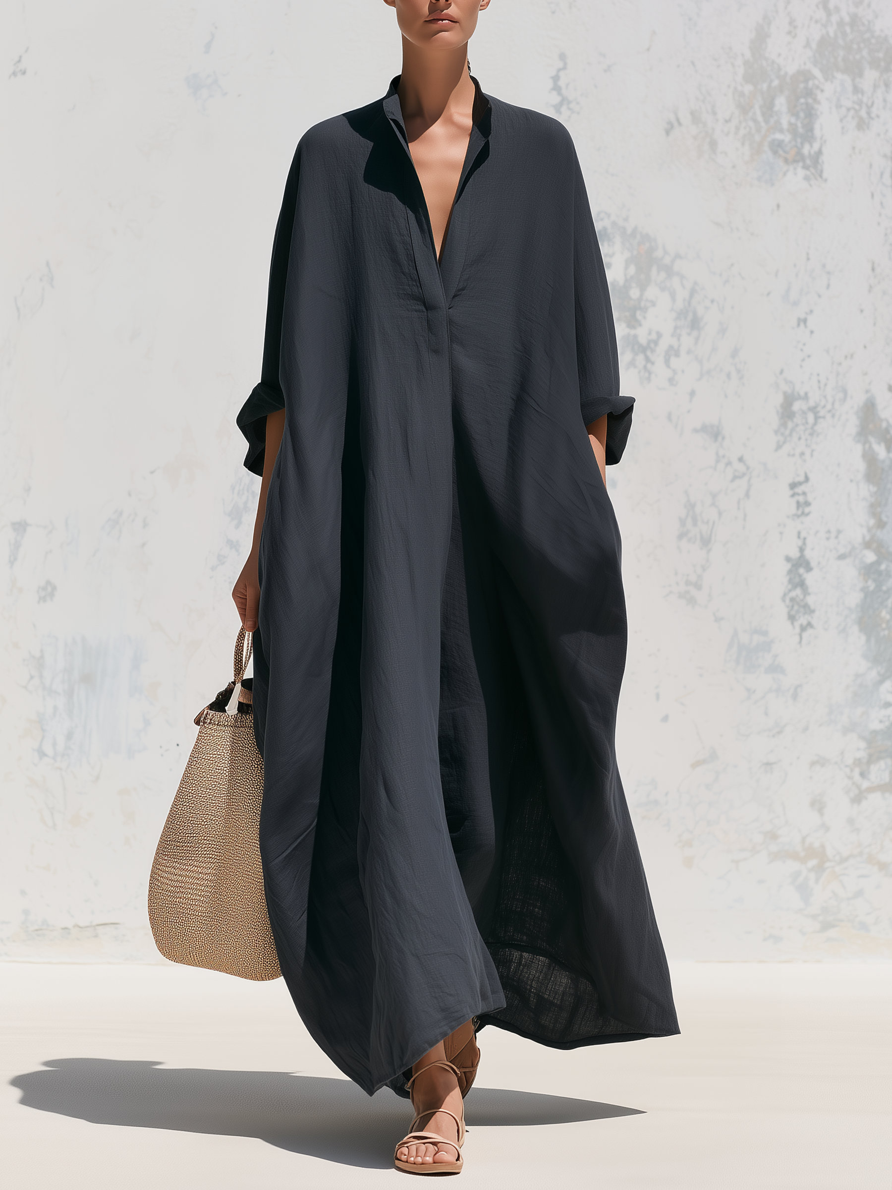 Stand Collar Linen Maxi Dress with Side Pockets