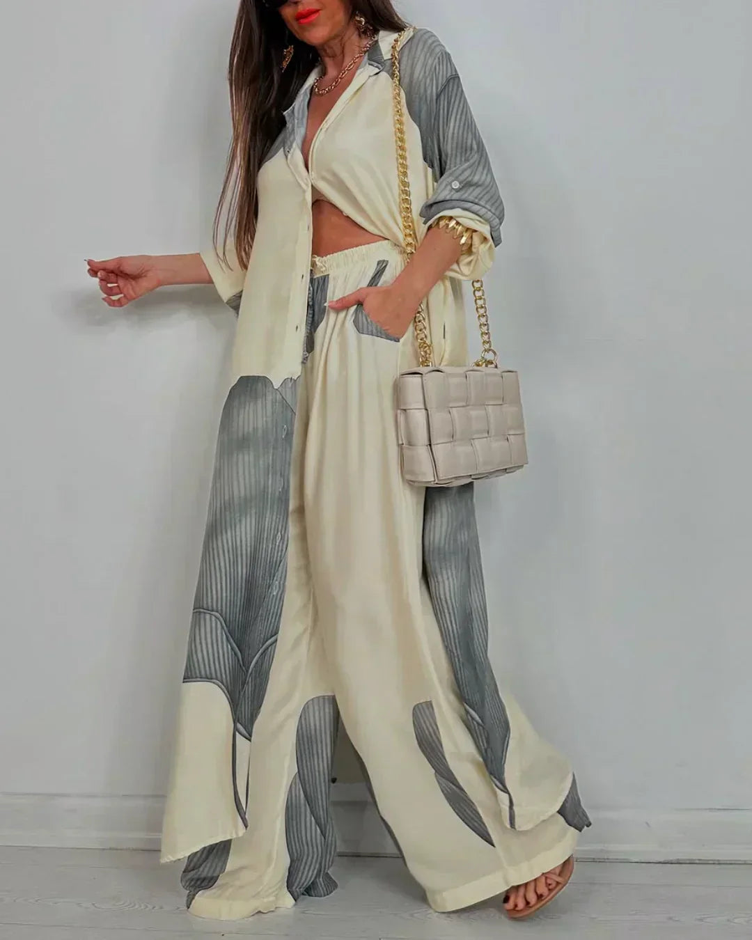 ISABEAU – TRENDY PATCHWORK PRINTED TOP & WIDE LEG PANTS SET