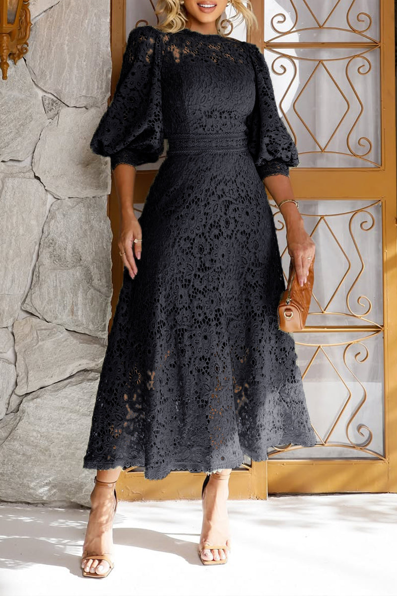 Lantern Sleeve Lace Hollow Midi Dress