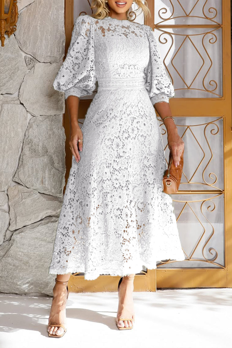 Lantern Sleeve Lace Hollow Midi Dress