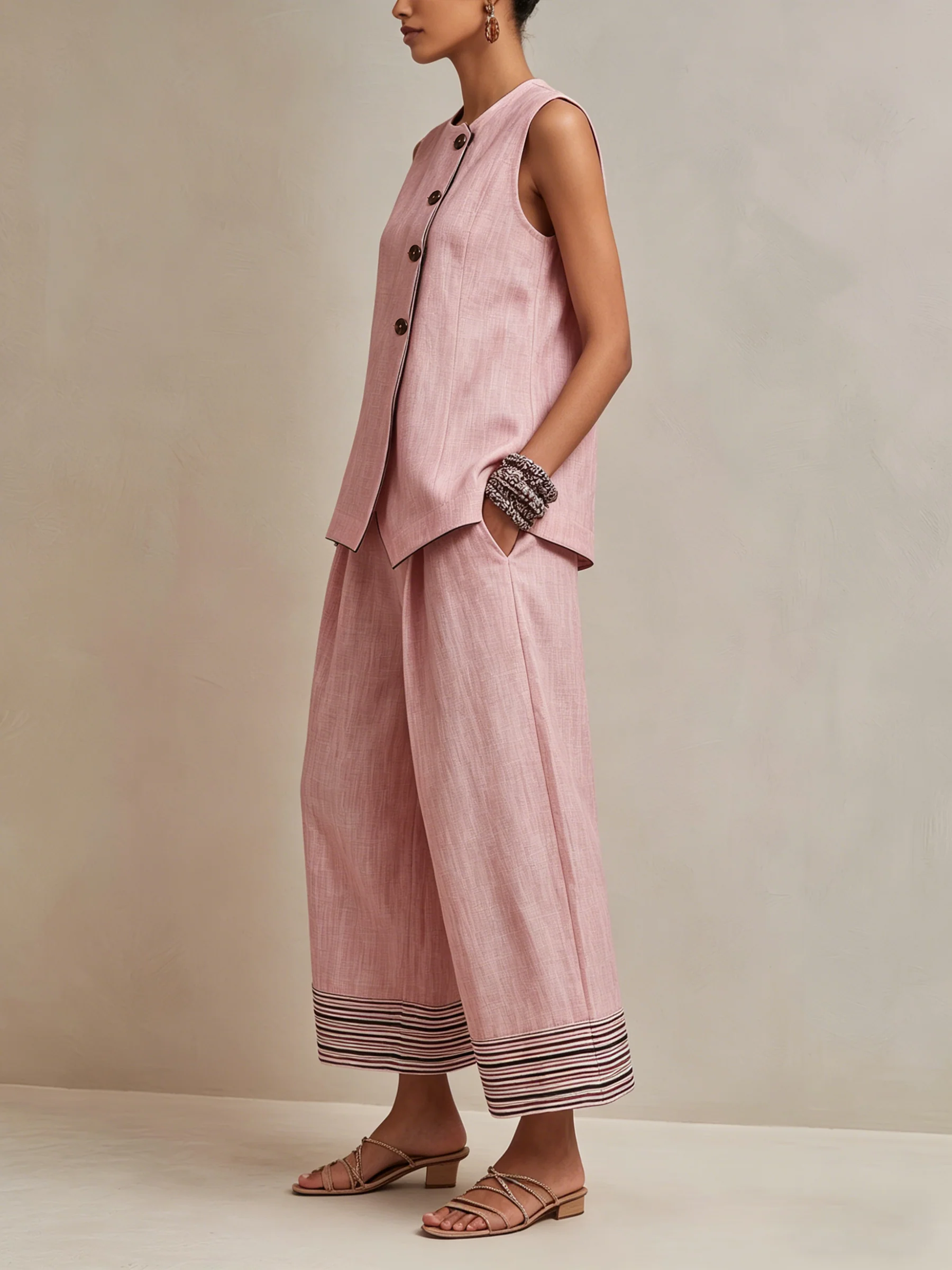 Button Vest and Striped Culotte Set