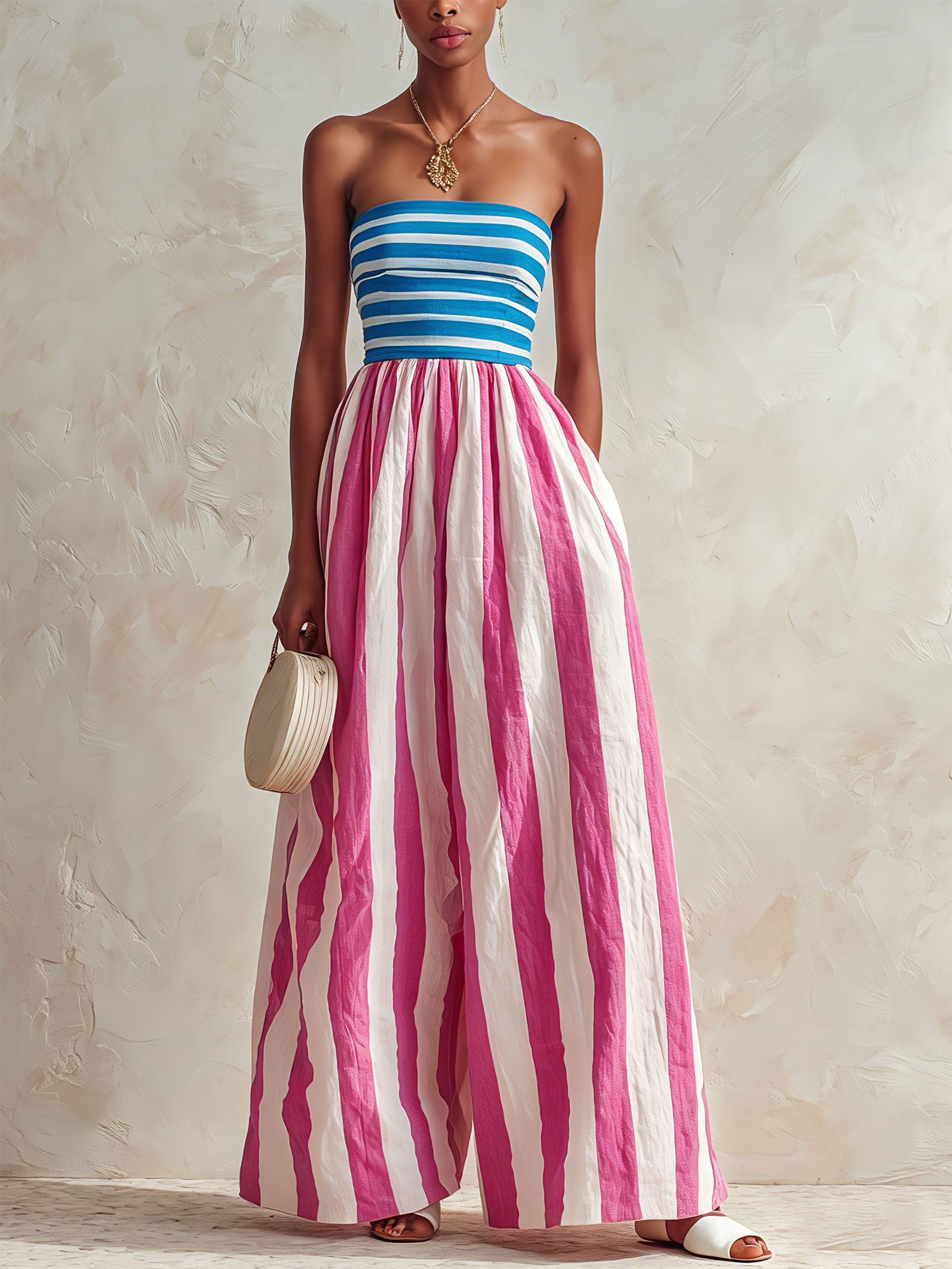 Striped Strapless Top and Wide-Leg Jumpsuit Set