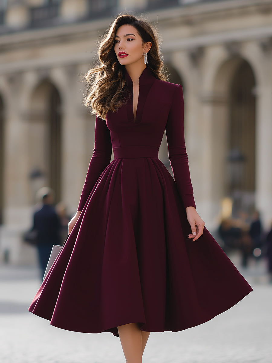 V-Neck Pleated Skirt Midi Dress