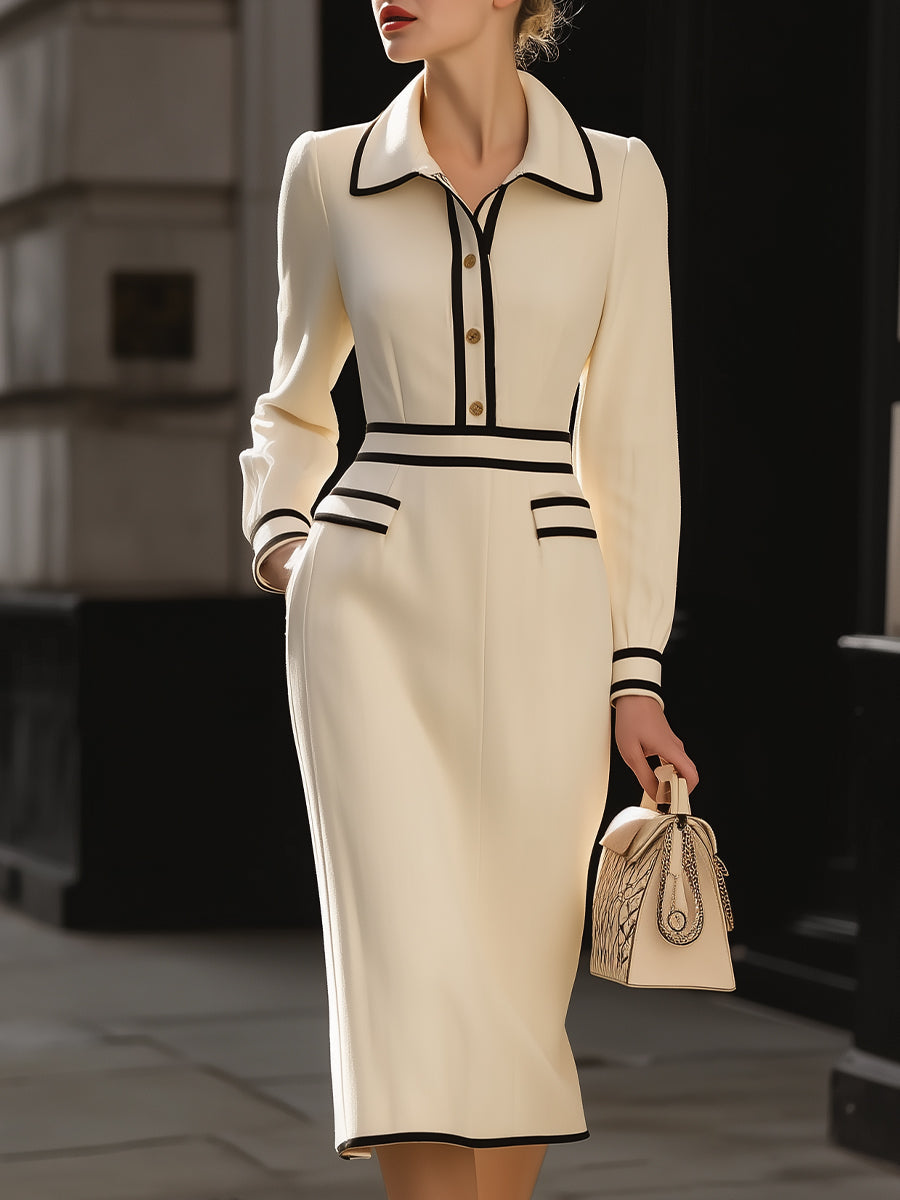 Contrast Trim Button-Front Midi Dress