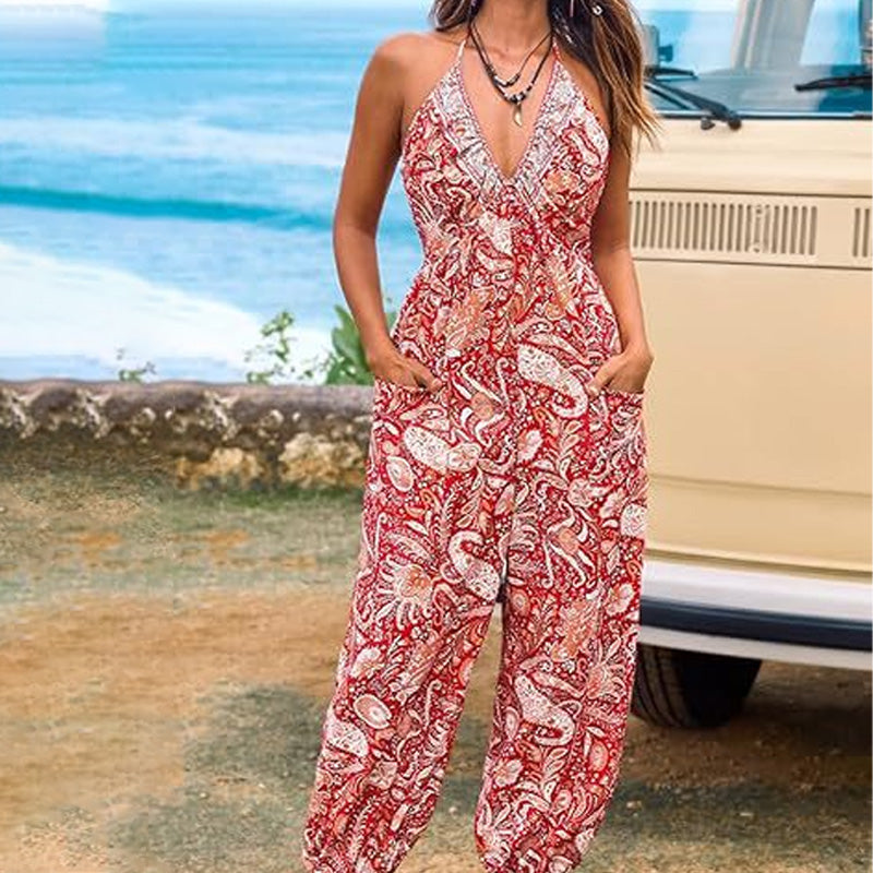 V-Neck Backless Wide-Leg Jumpsuit