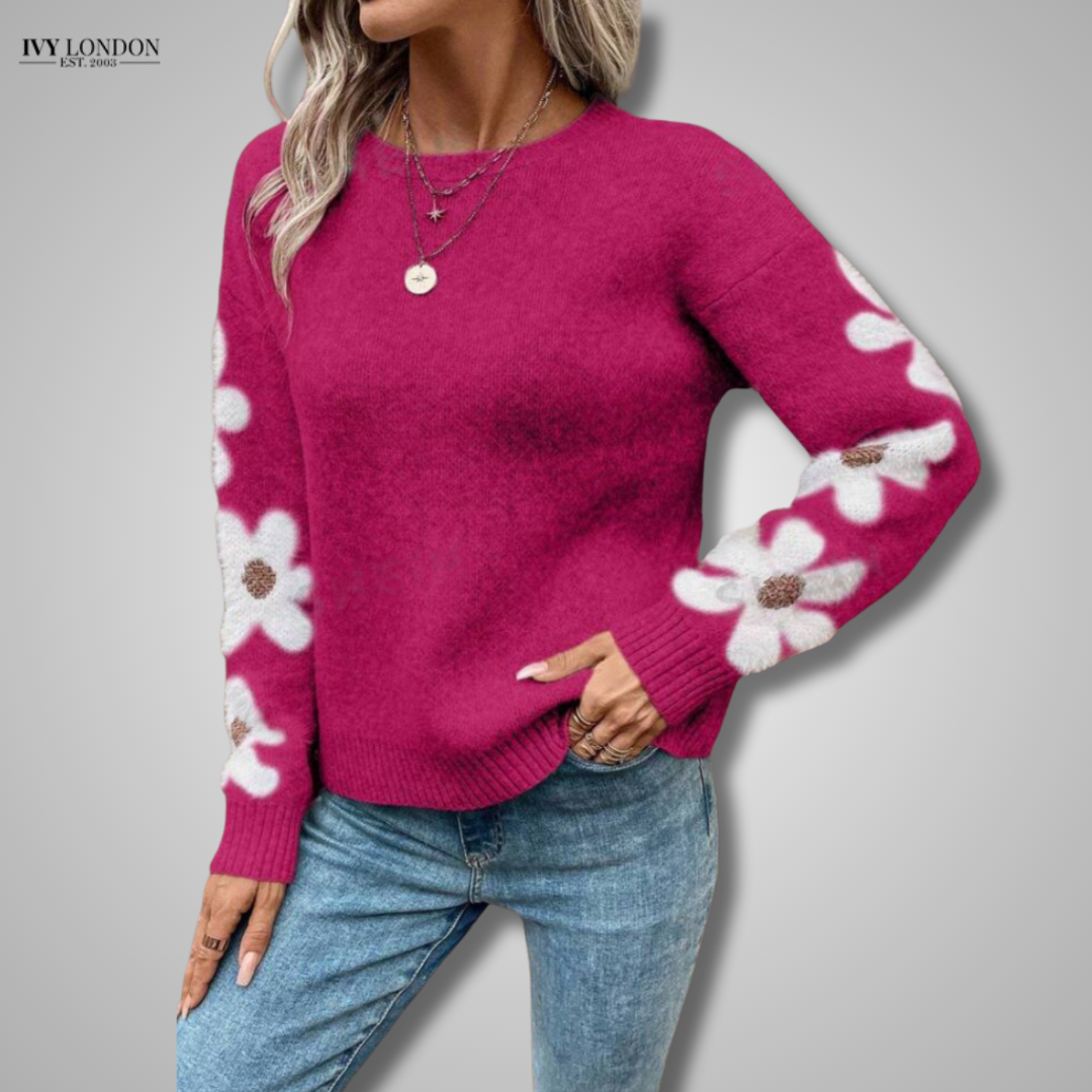 Floral Knit Sweater with Defined Waist
