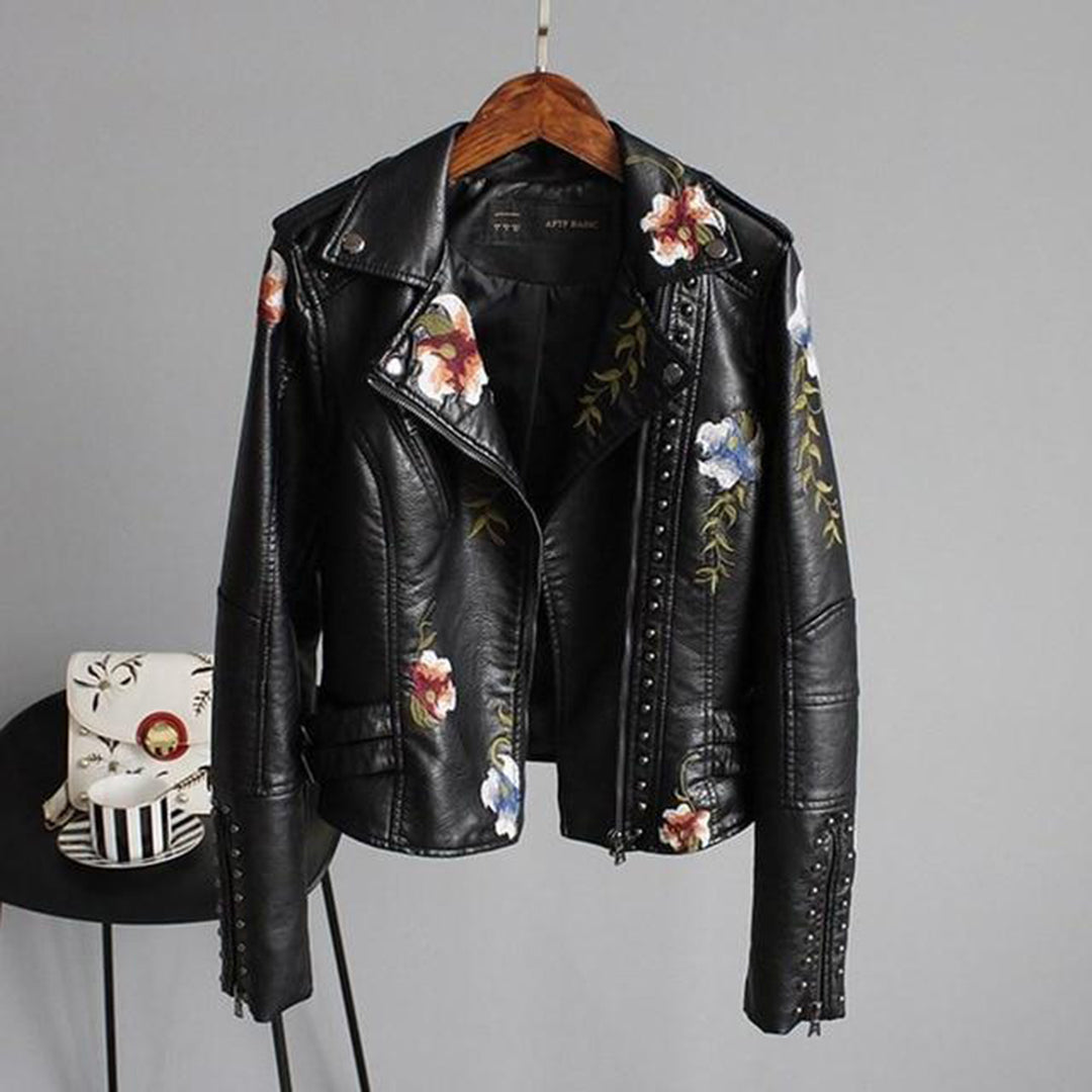 Floral Print Zip-Up Biker Jacket