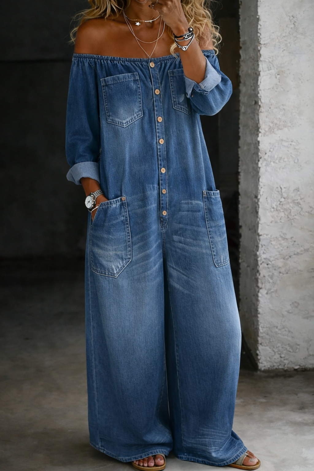 Off Shoulder Long Sleeve Jumpsuit
