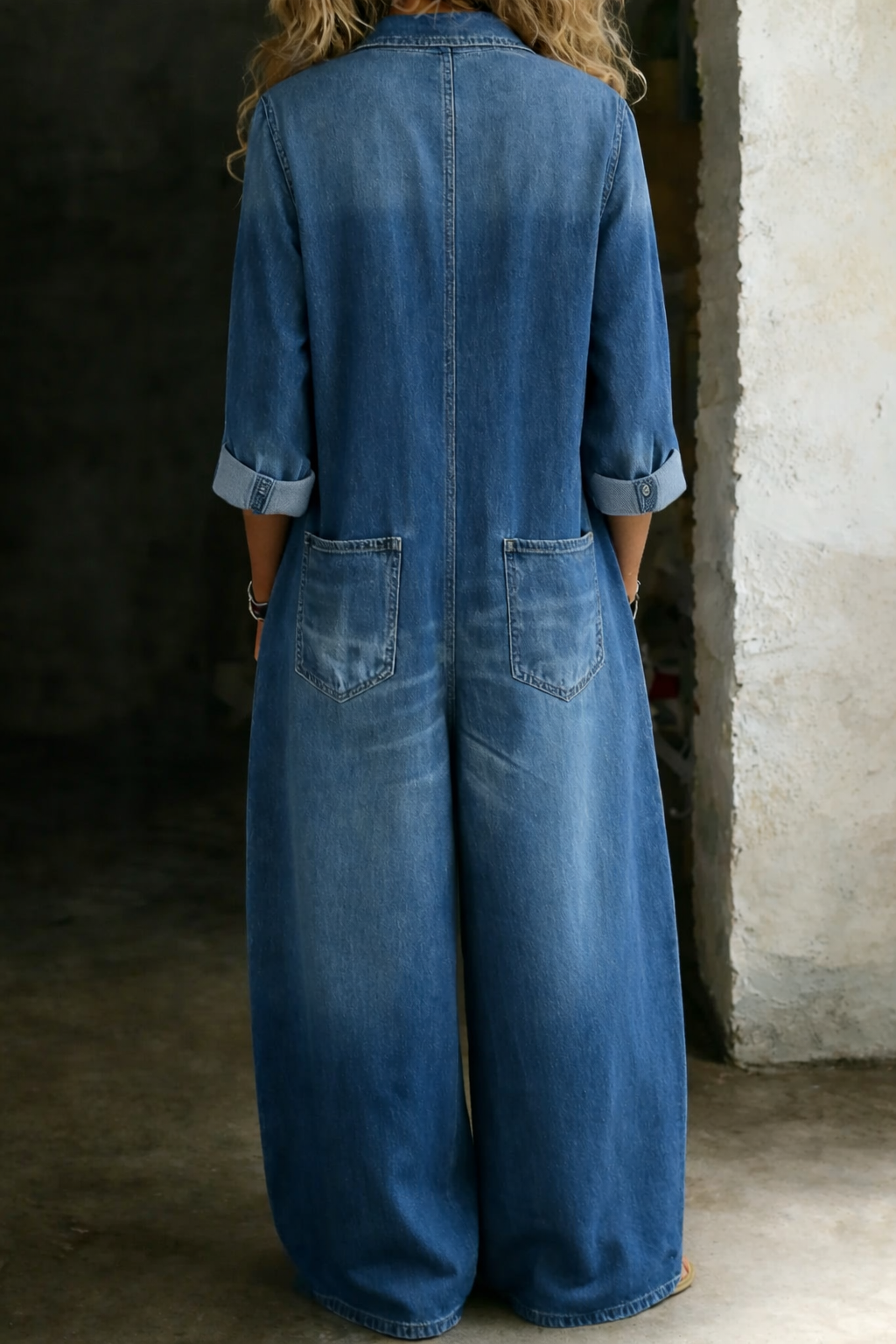 Relaxed Wide-Leg Utility Denim Jumpsuit