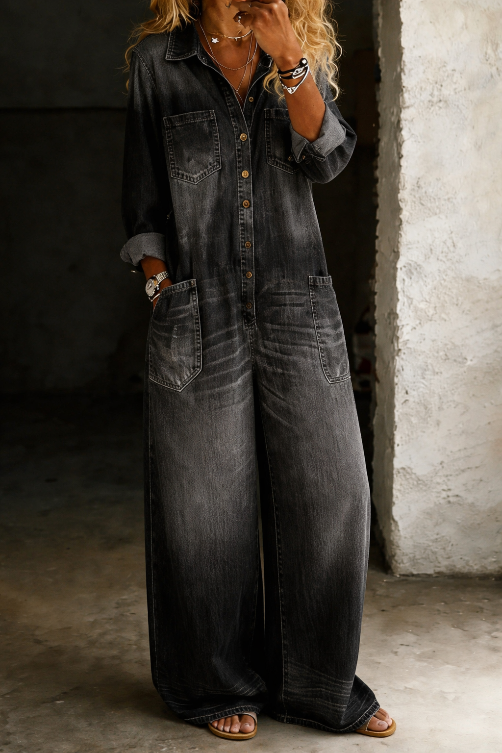 Relaxed Wide-Leg Utility Denim Jumpsuit