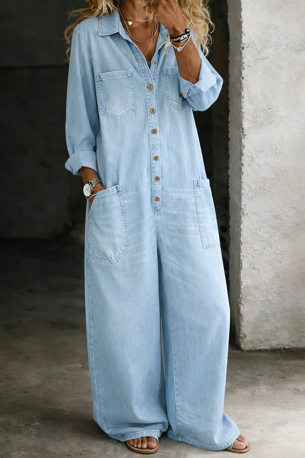 Relaxed Wide-Leg Utility Denim Jumpsuit