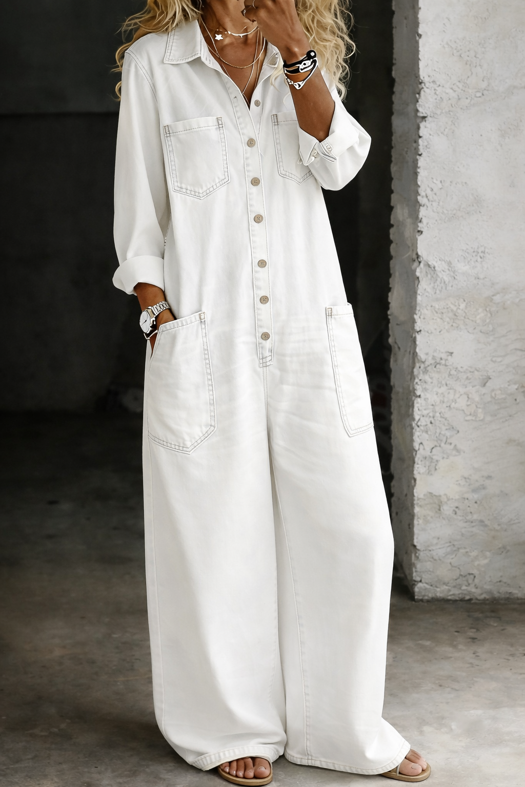 Relaxed Wide-Leg Utility Denim Jumpsuit