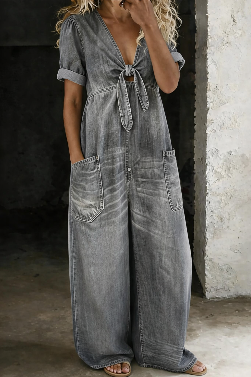Relaxed Tie-Front Denim Jumpsuit