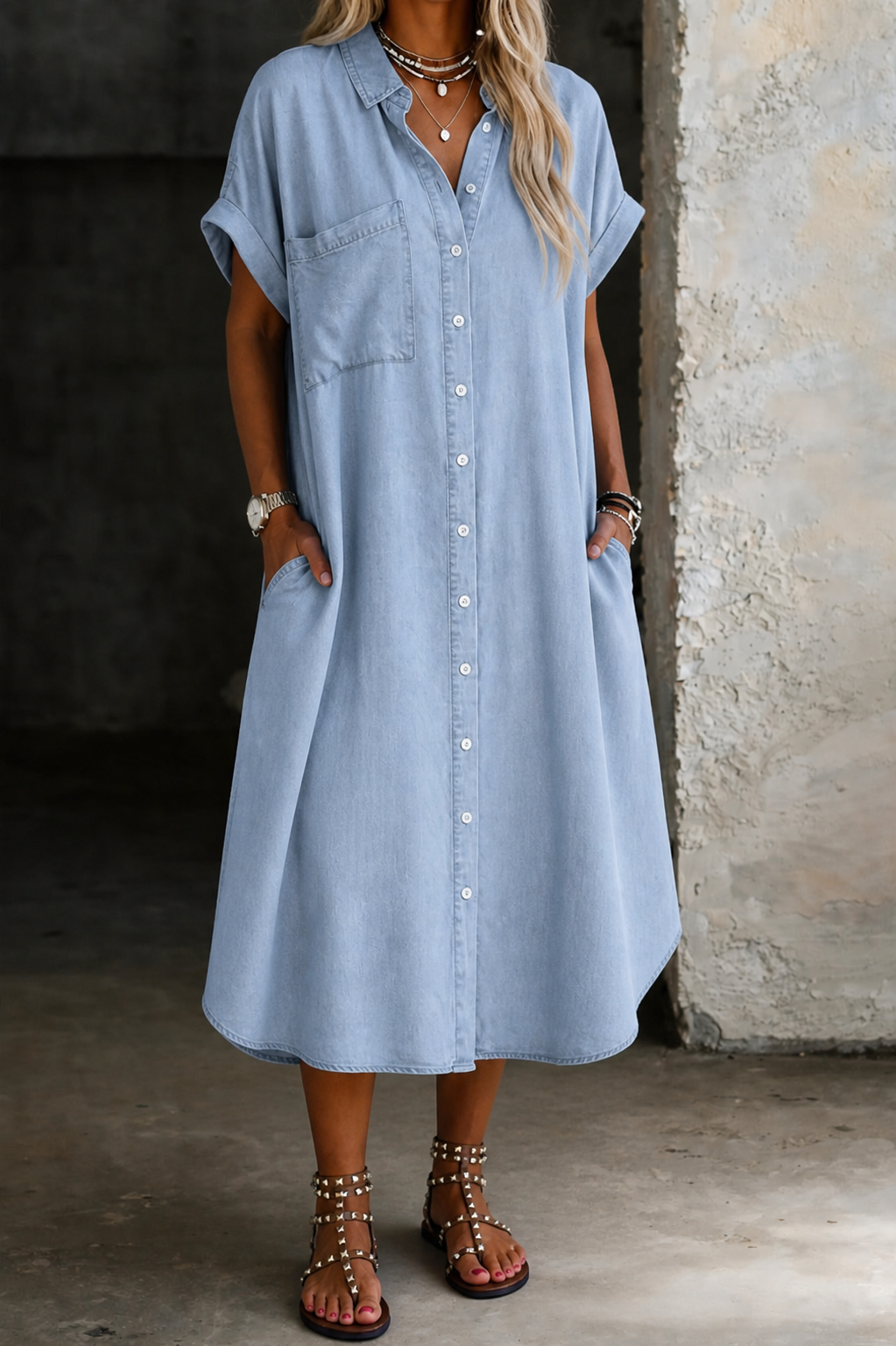 Lightweight Denim Style Shirt Dress