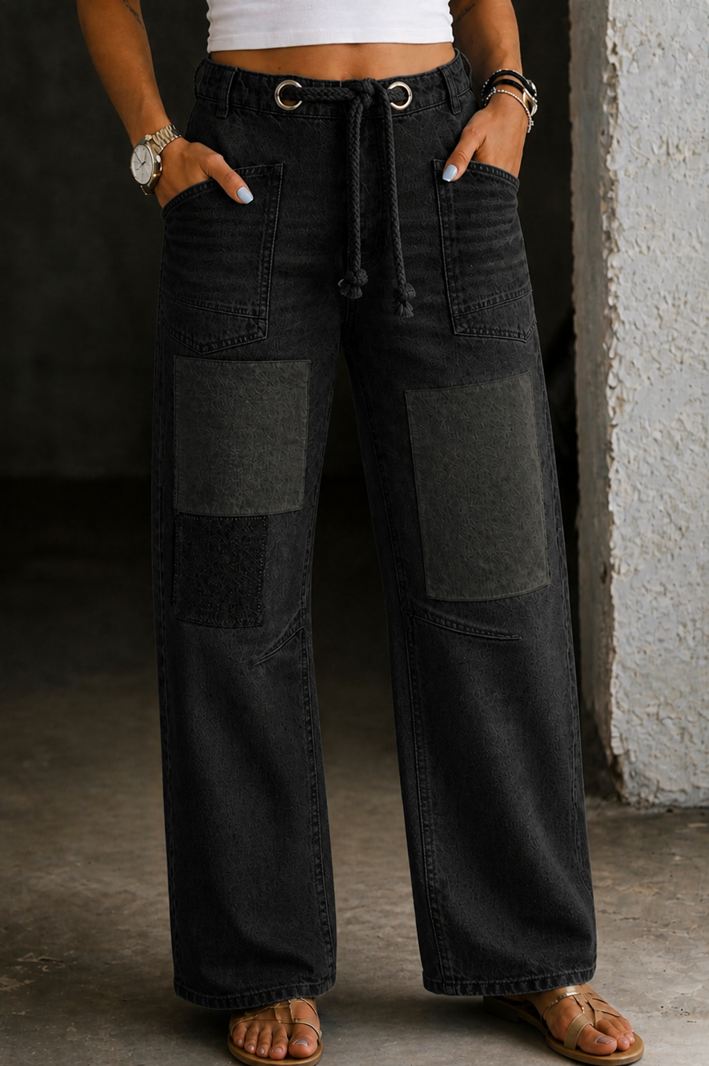 Patchwork Drawstring Jeans