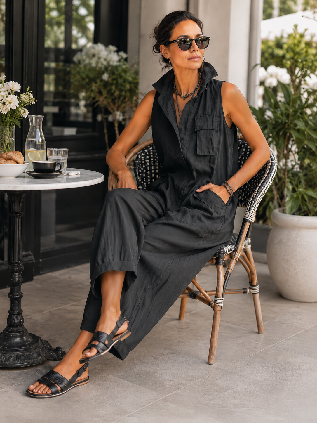 Black Sleeveless Utility Wide-Leg Jumpsuit