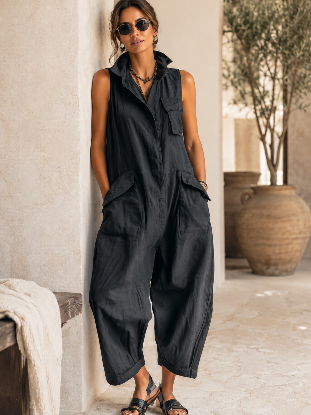 Black Sleeveless Utility Wide-Leg Jumpsuit