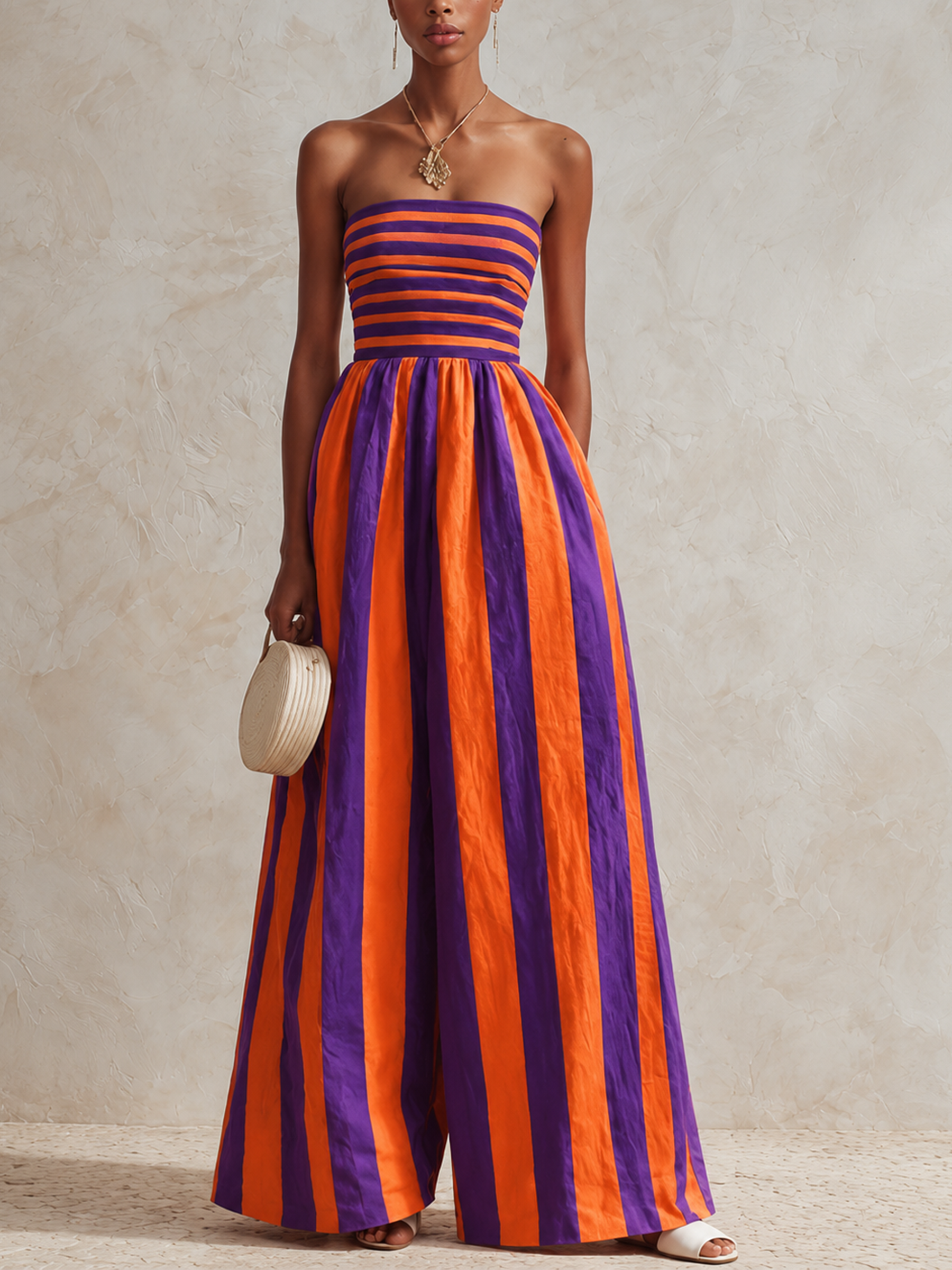 Striped Strapless Top and Wide-Leg Jumpsuit Set