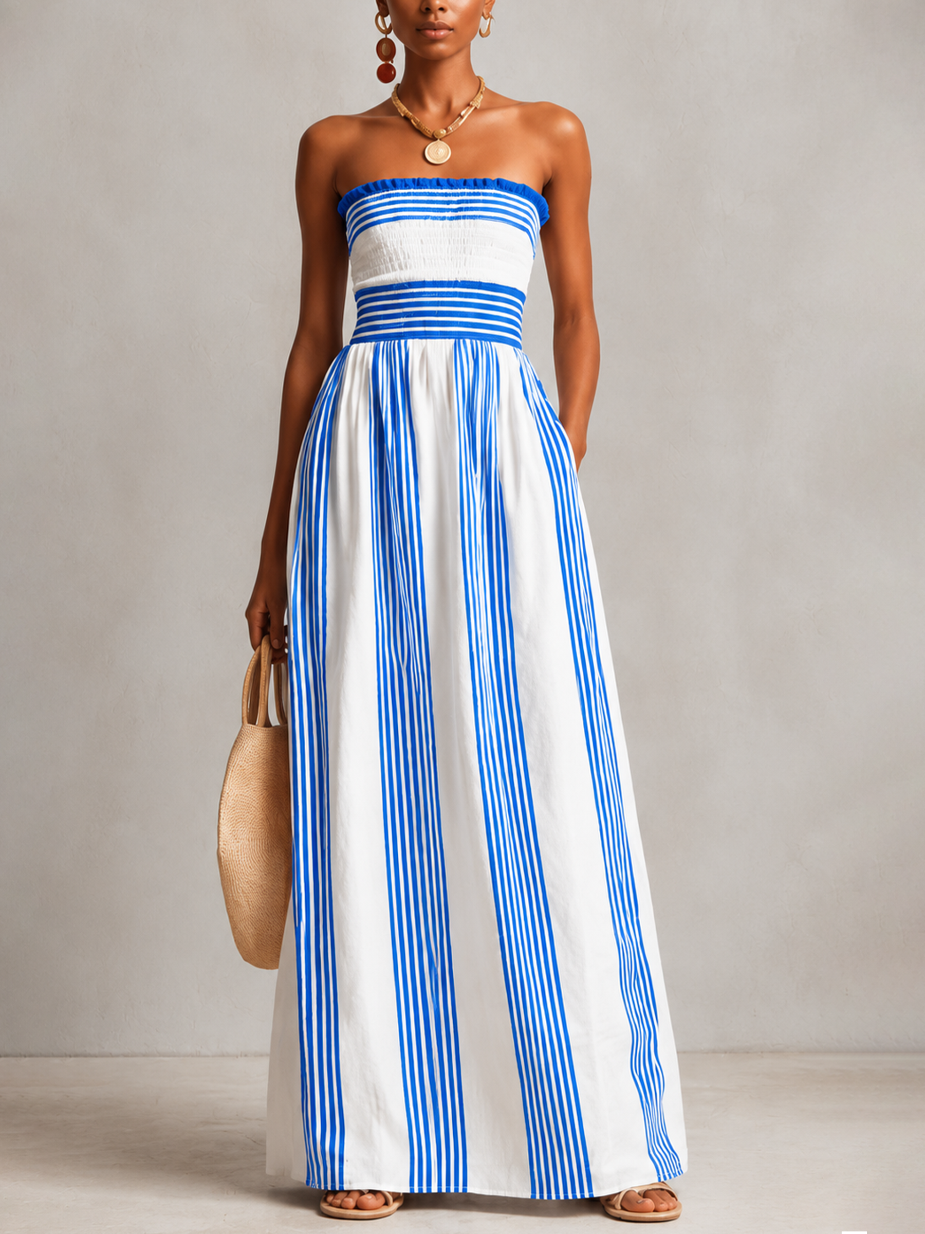 Red & Blue Striped Smocked Strapless Maxi Dress
