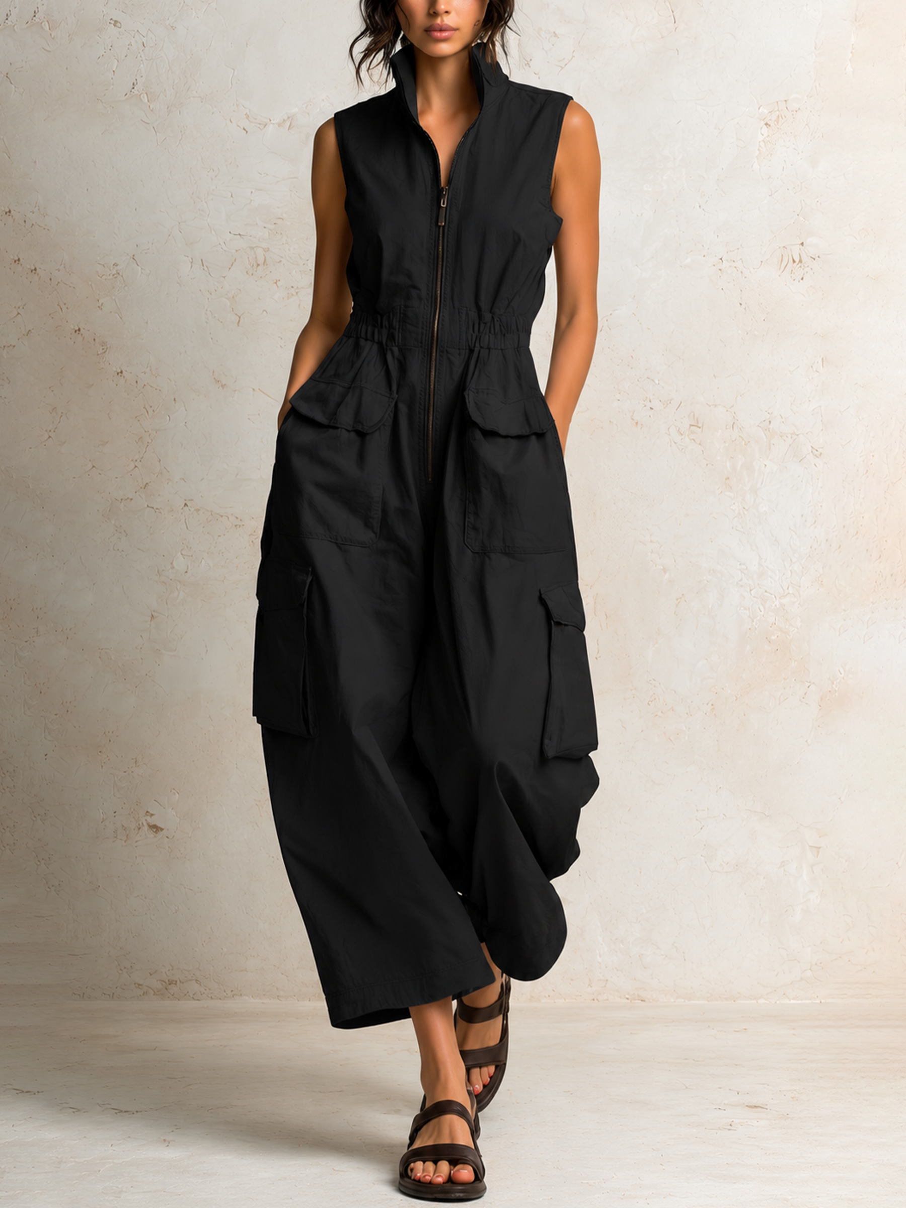 Cotton Twill Sleeveless Cargo Jumpsuit
