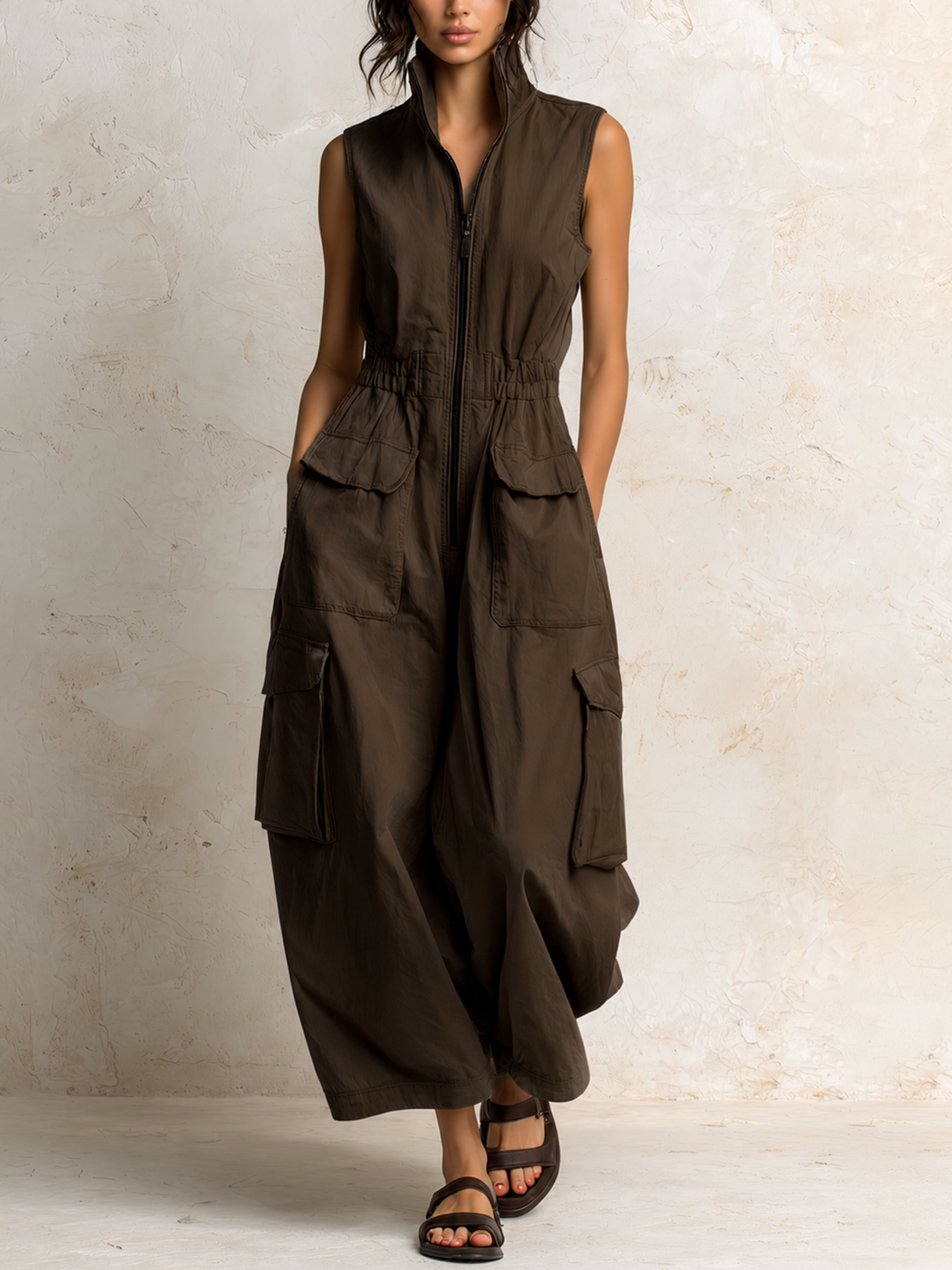 Cotton Twill Sleeveless Cargo Jumpsuit