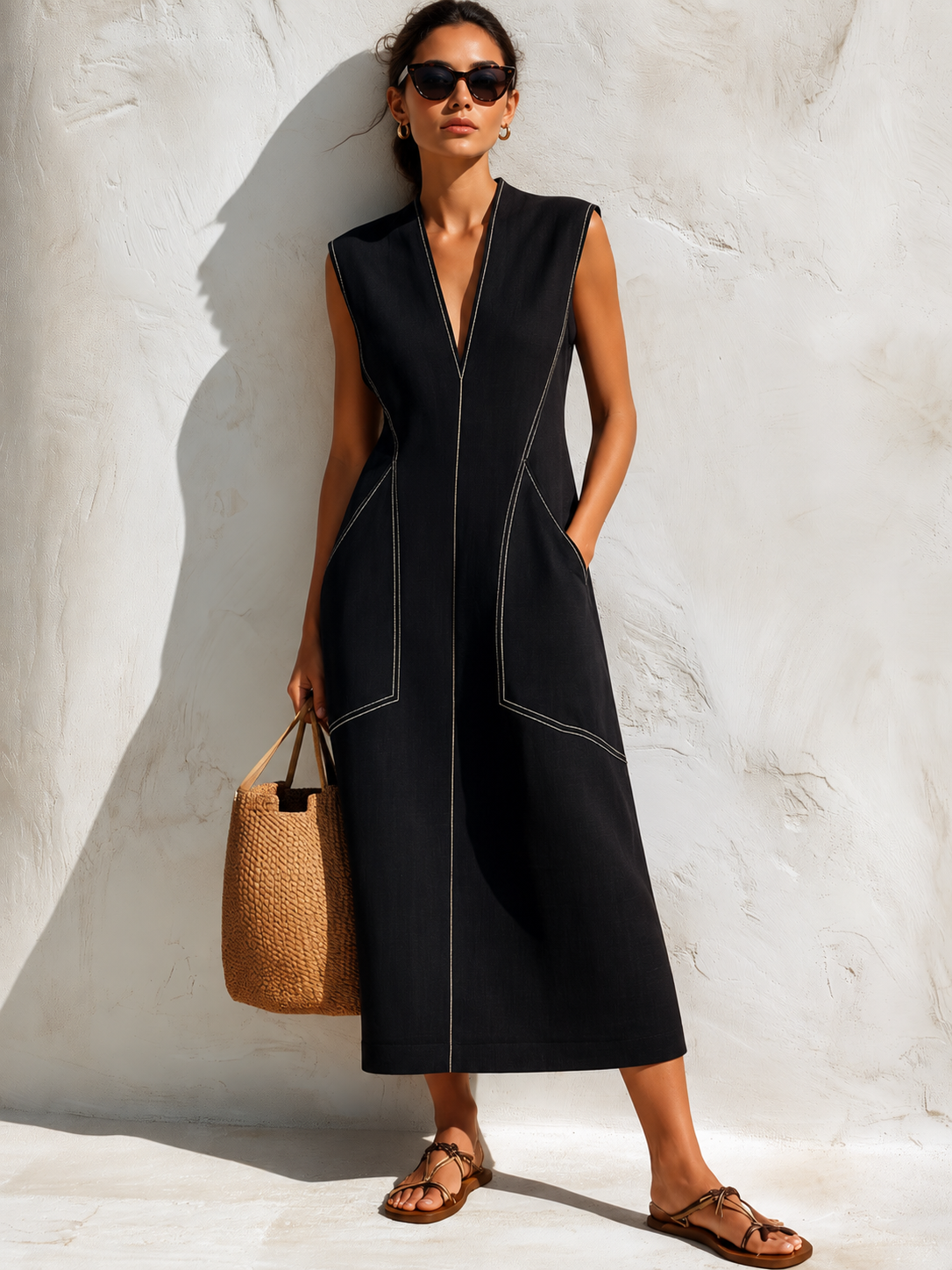 Contrast Stitch Sleeveless Midi Dress
