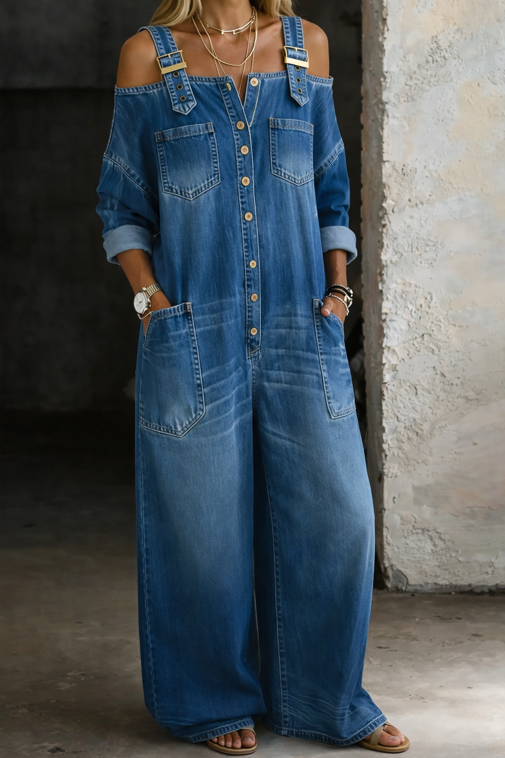 Off Shoulder Denim Jumpsuit