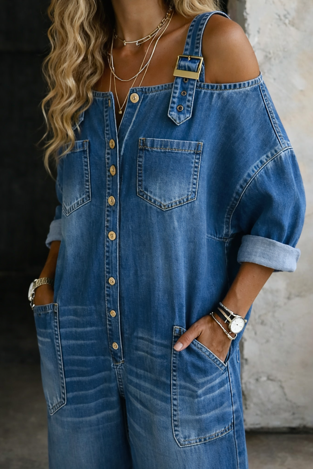 Off Shoulder Denim Jumpsuit