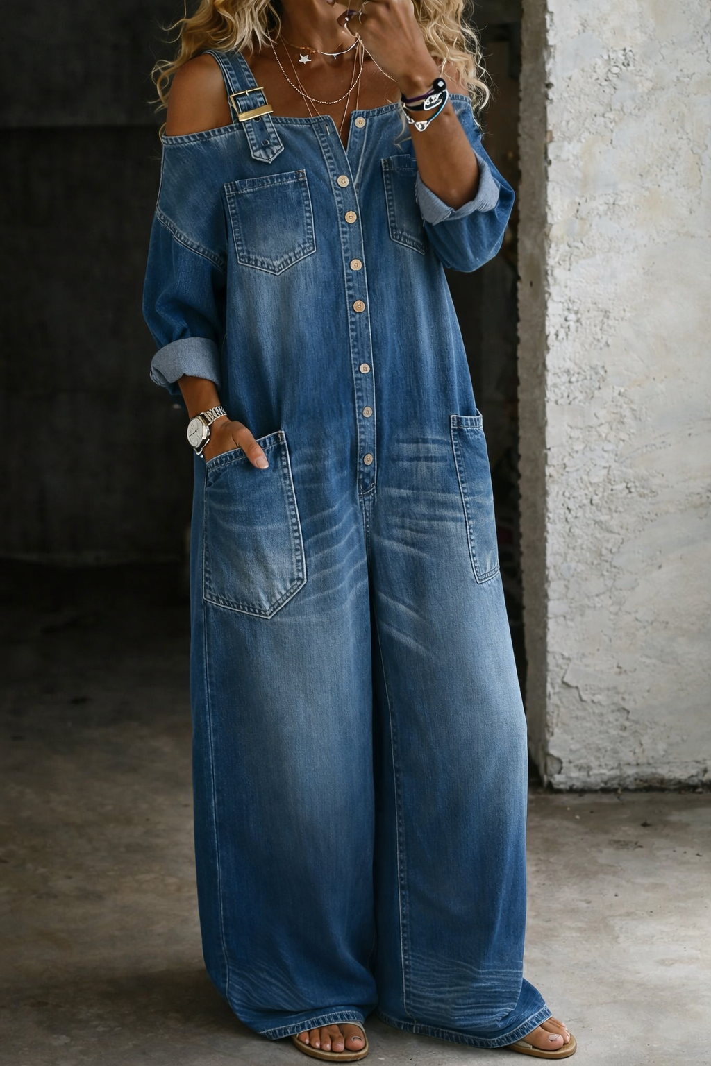 Off Shoulder Denim Jumpsuit