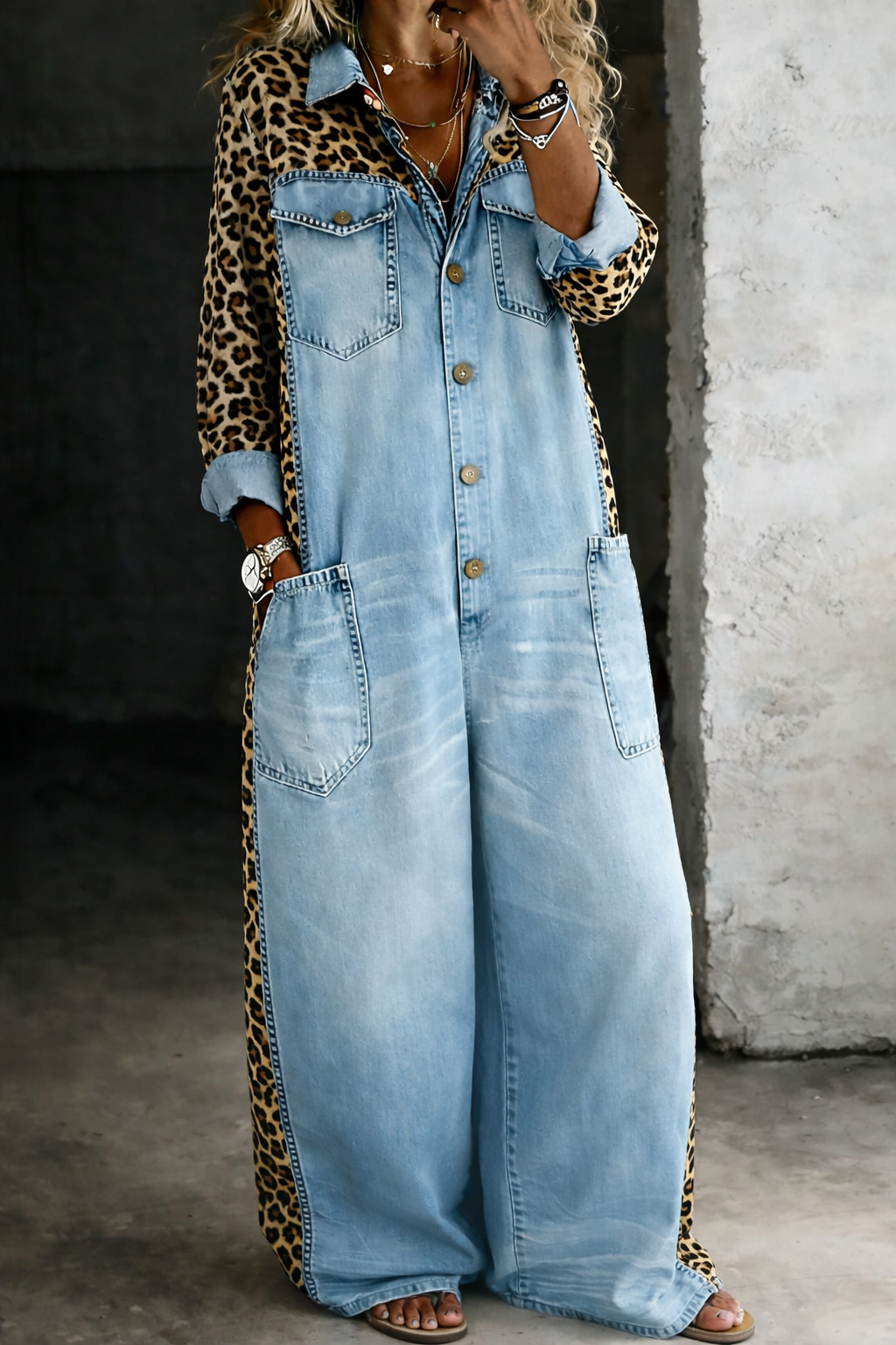 Leopard Contrast Wide-Leg Denim Jumpsuit