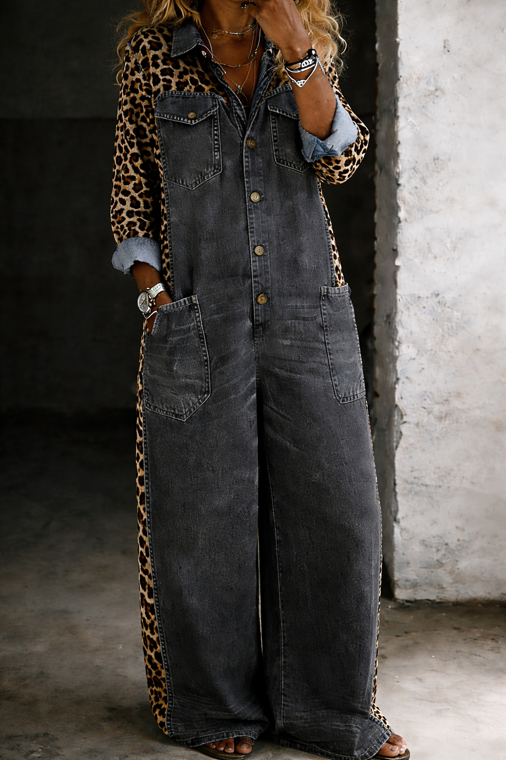 One Piece Denim Shirt Jumpsuit