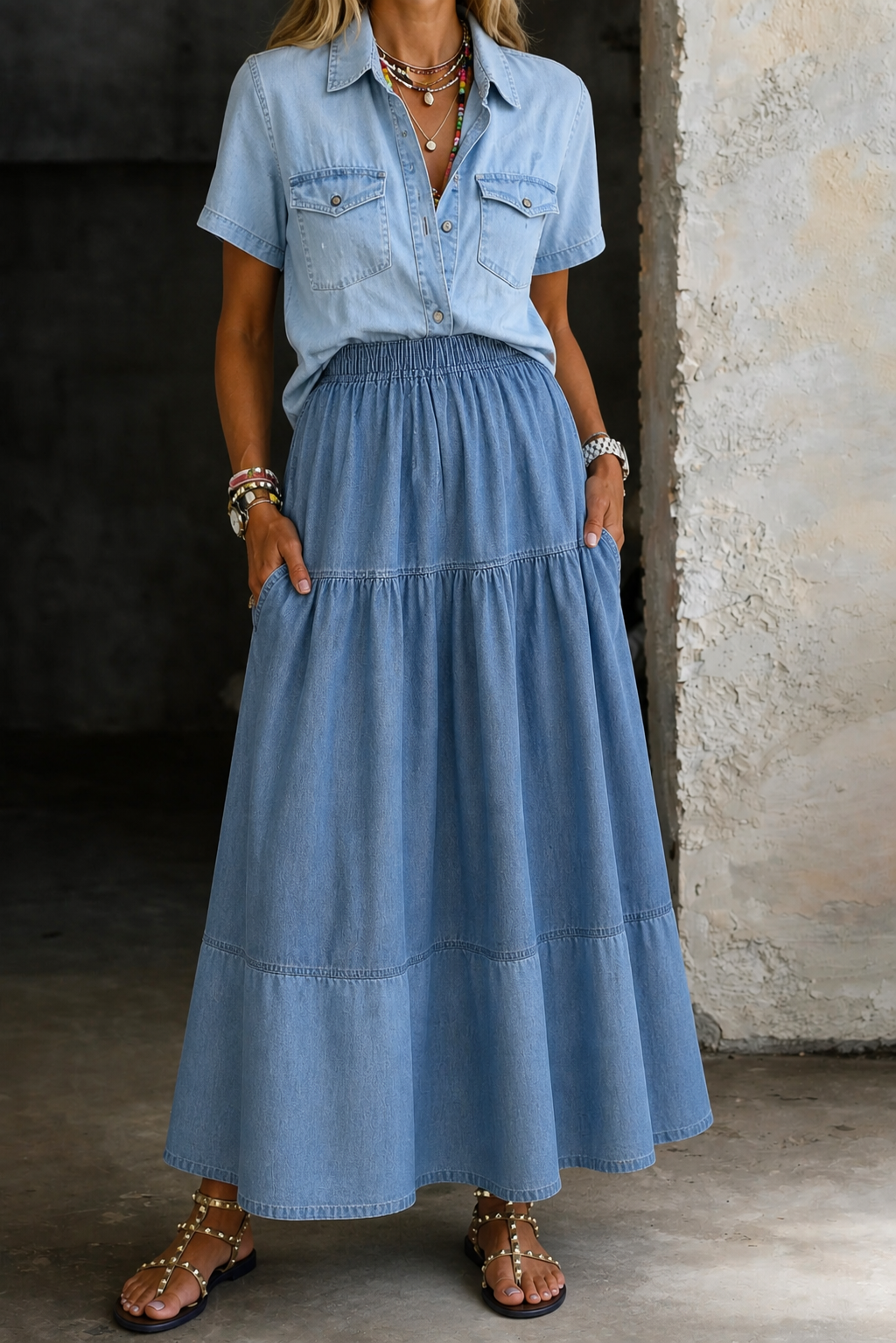 Elastic Waist Denim Skirt