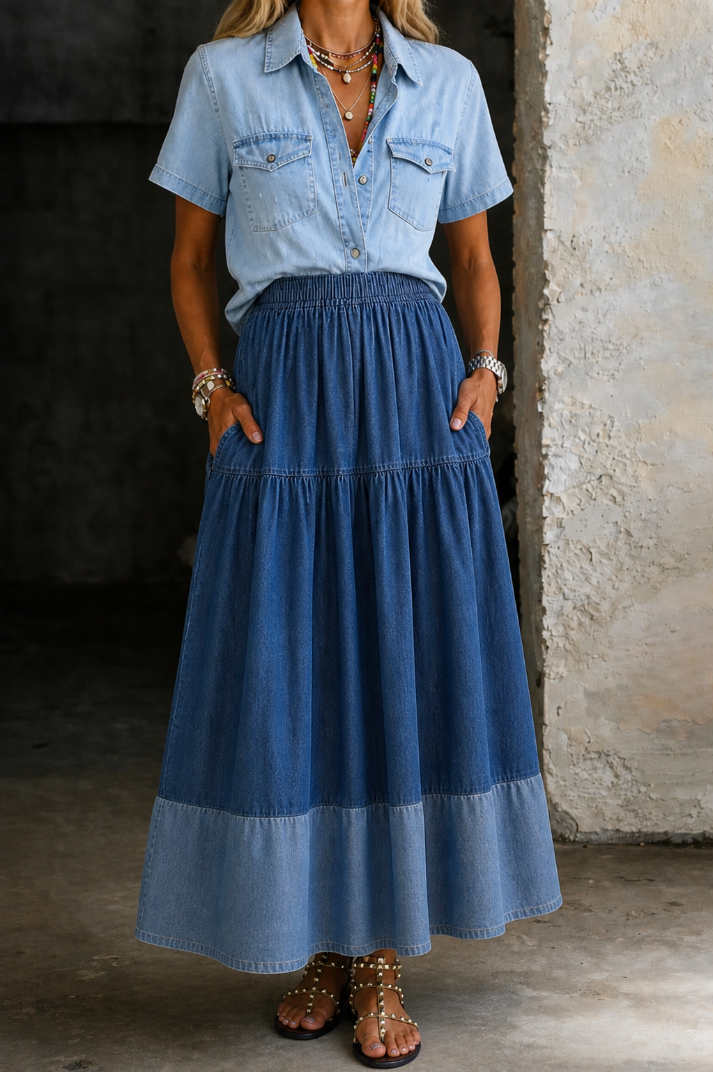 Elastic Waist Denim Skirt