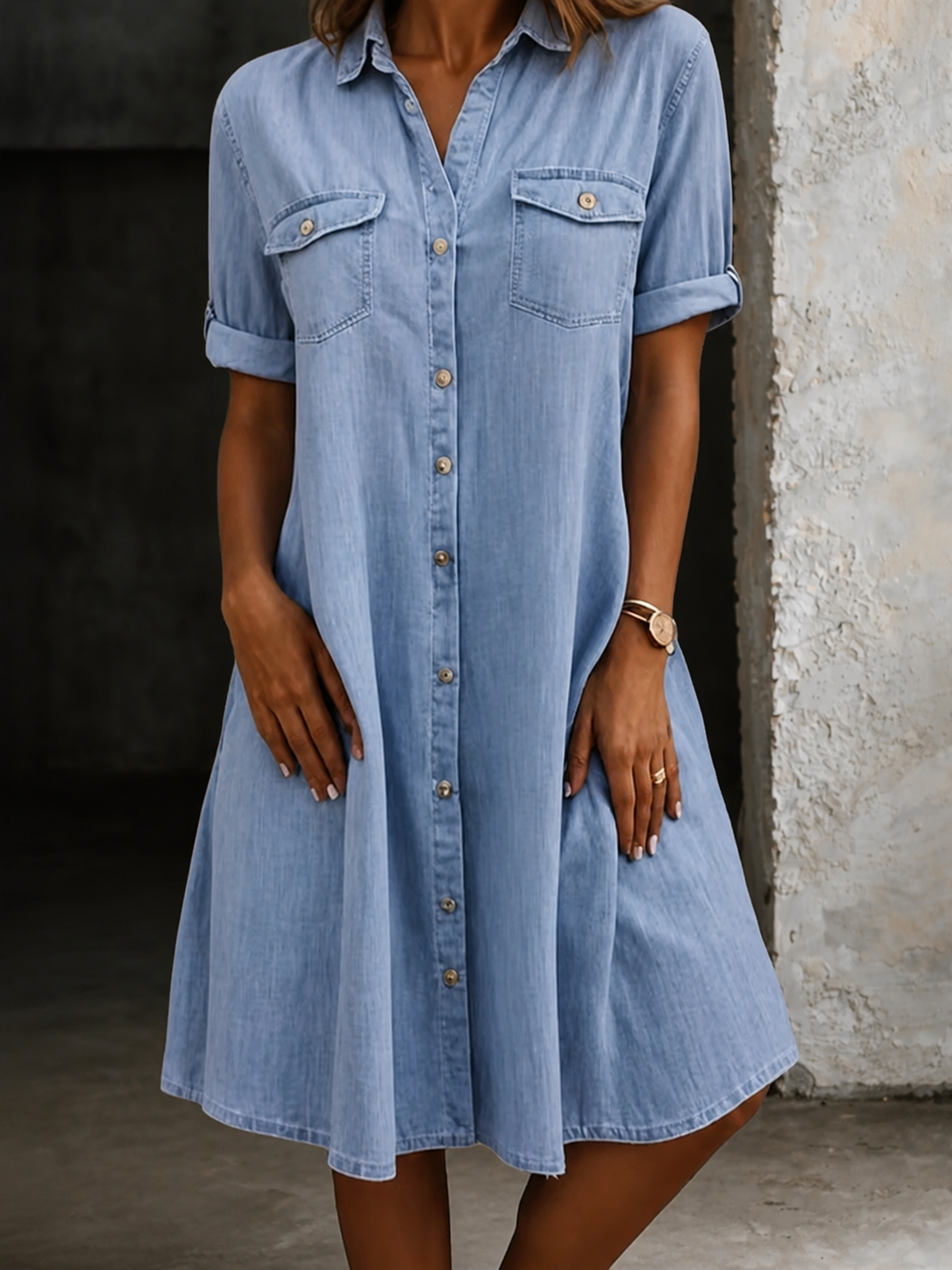 Casual Denim Style Midi Dress